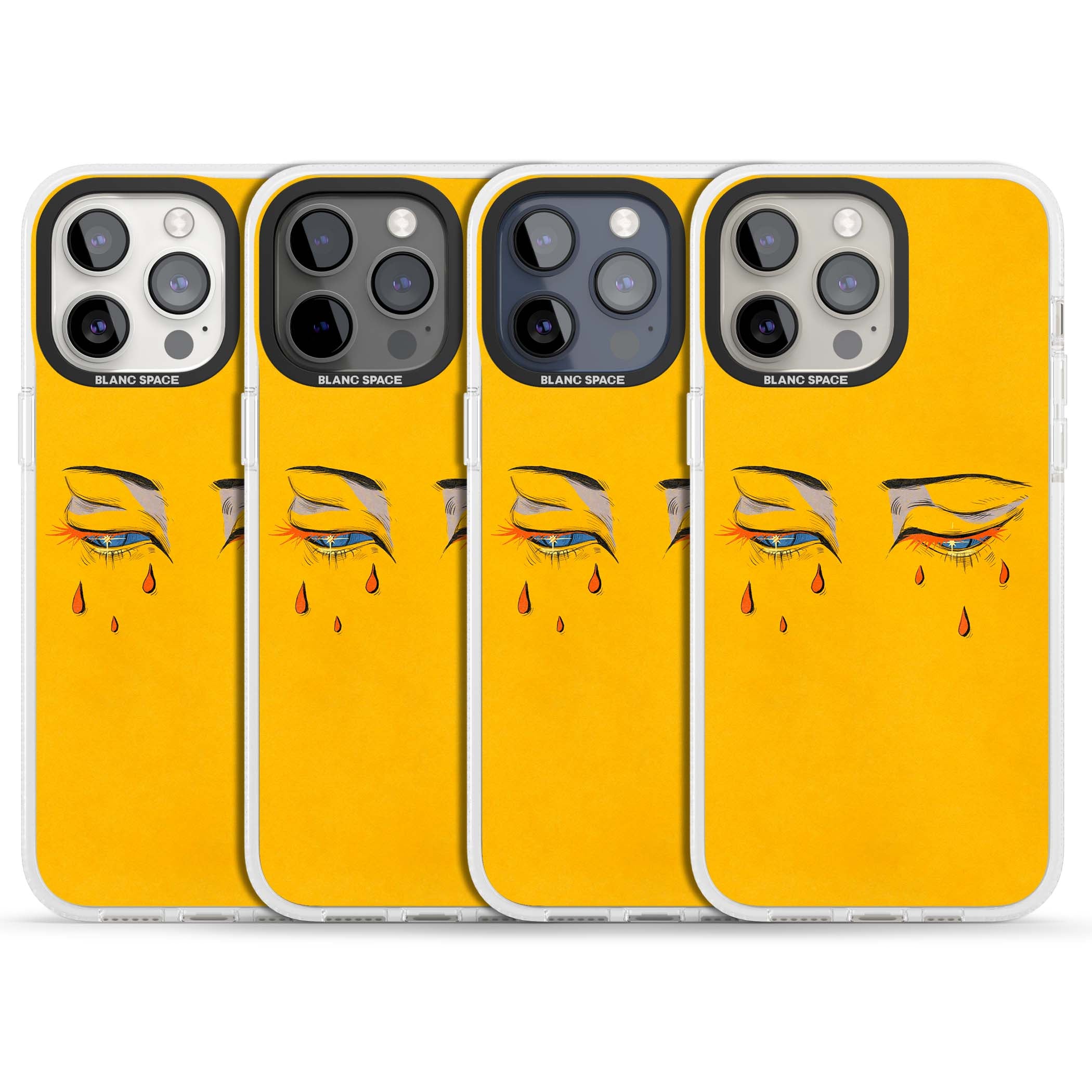 Yellow Tearful Eyes indie iPhone case featuring hand-drawn crying eyes with orange tears on a yellow background | Clear Case Impact Air case for iPhone 15 Pro, iPhone 15 Pro Max