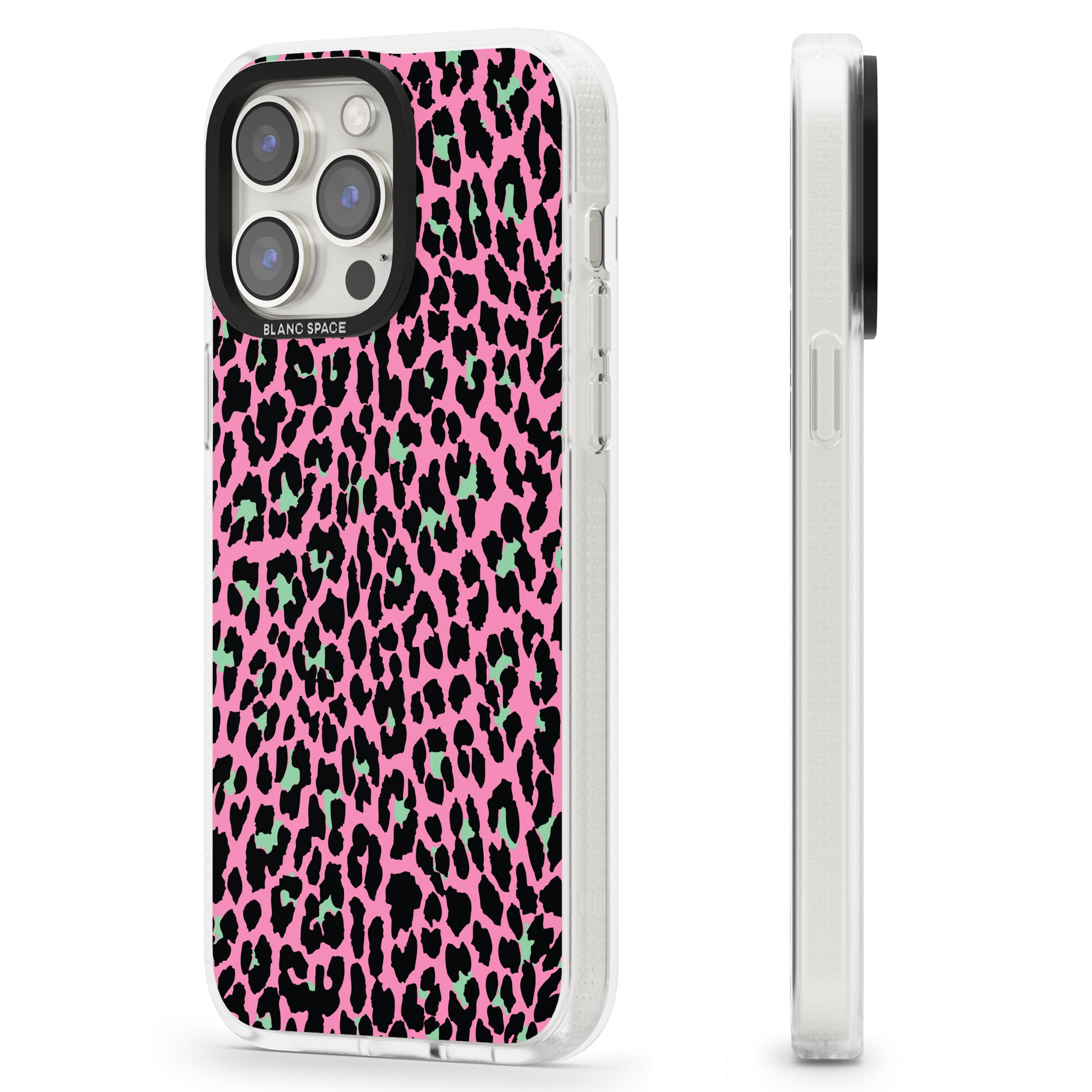 Green on Pink Leopard Print Pattern iPhone 15 Pro Max / 15 Pro / 14 Pro Max / 14 Pro / 13 Pro Clear Case Impact Air - Blanc Space