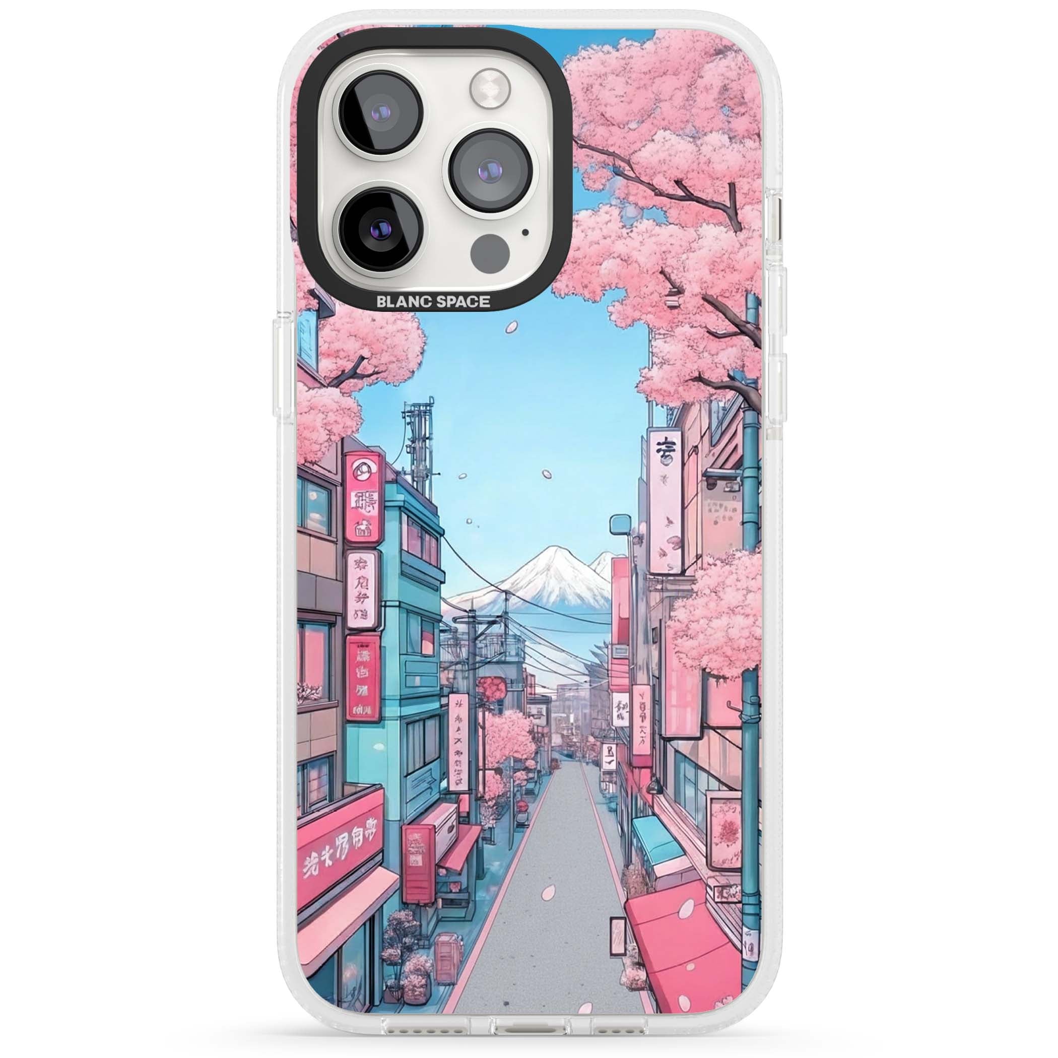 Sakura Lane anime iPhone case featuring Tokyo street scene with cherry blossoms and Mount Fuji | Clear Case Impact Air case for iPhone 15 Pro, iPhone 15 Pro Max