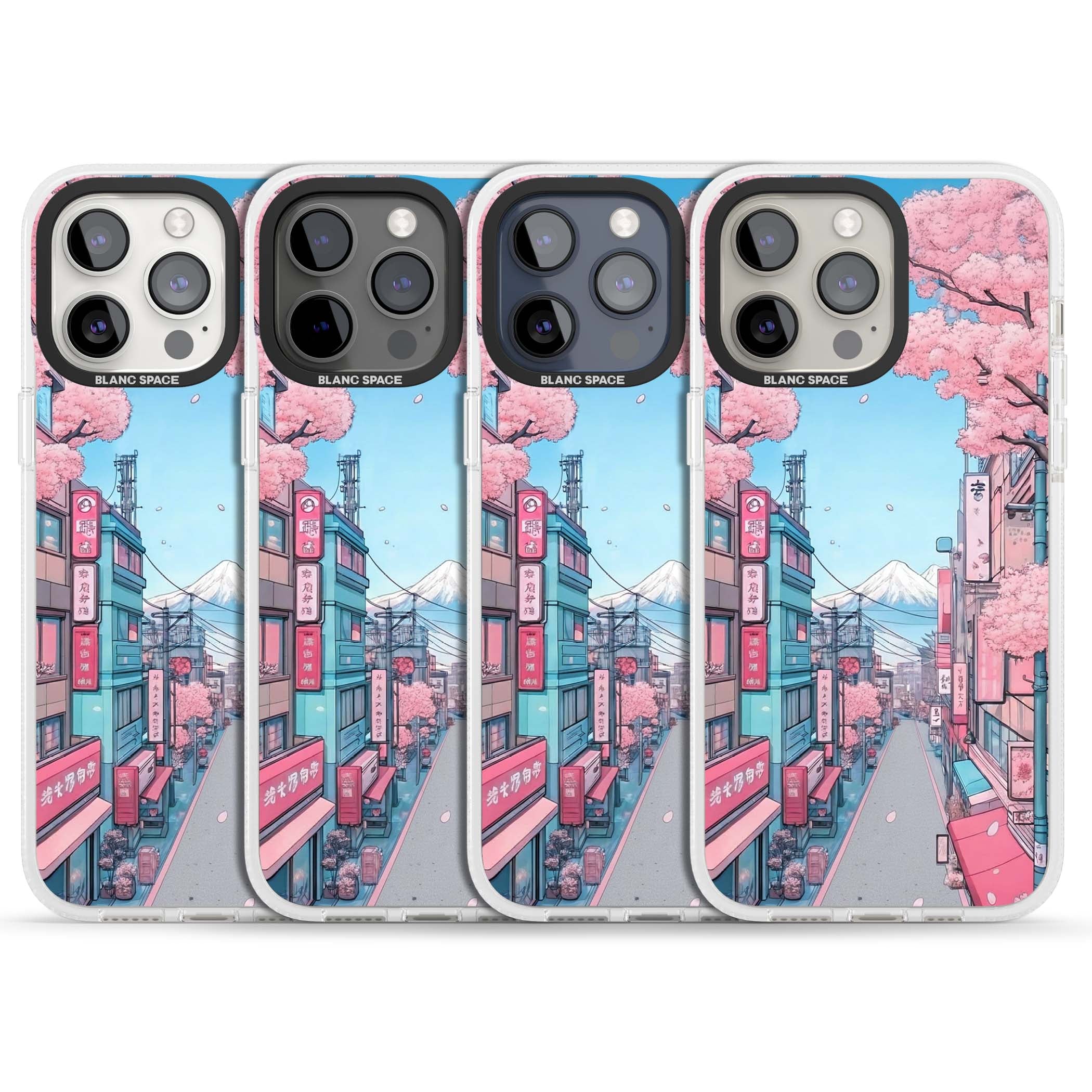 Sakura Lane anime iPhone case featuring Tokyo street scene with cherry blossoms and Mount Fuji | Clear Case Impact Air case for iPhone 15 Pro, iPhone 15 Pro Max