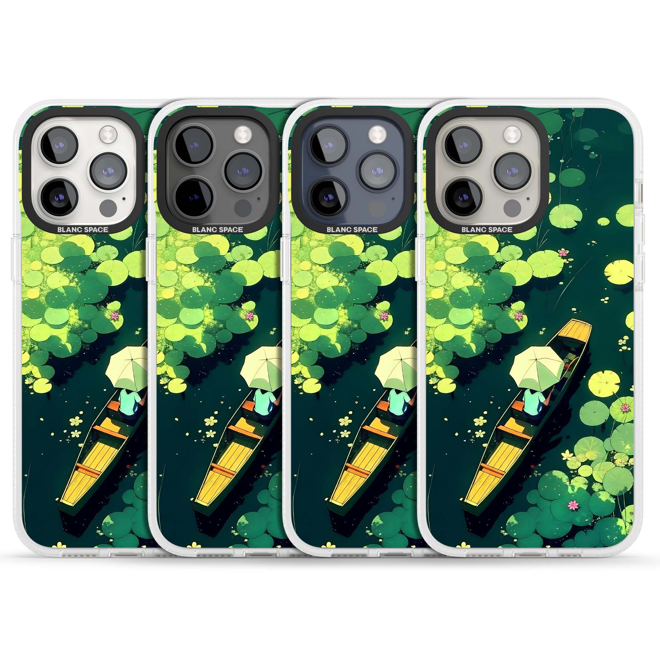 Jade Waters cottagecore iPhone case featuring a painted lily pond, wooden boat with parasol and floating water lilies | Clear Case Impact Air case for iPhone 15 Pro, iPhone 15 Pro Max