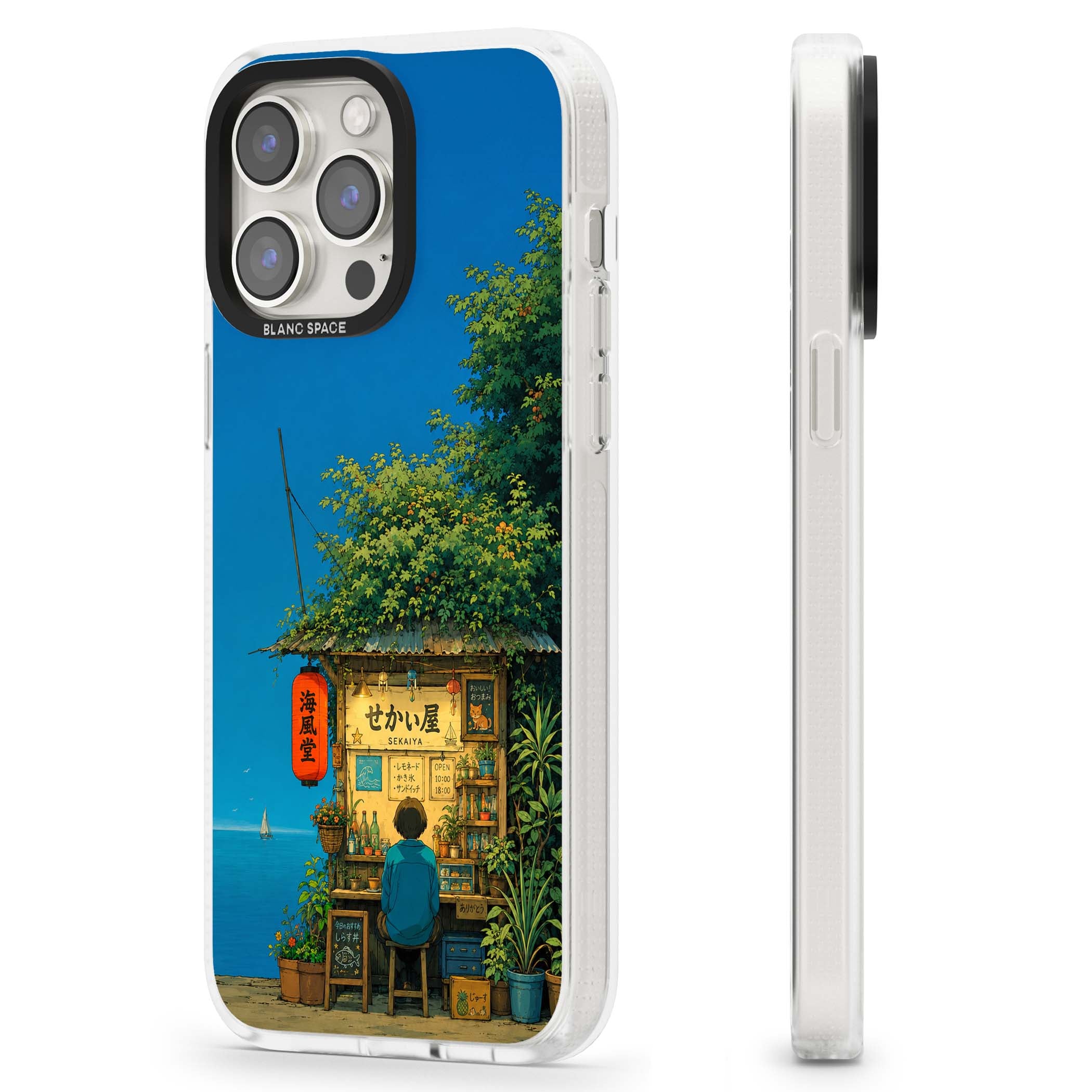 The Shirahama Kiosk anime iPhone case featuring a Japanese seaside shop, red paper lantern and ocean view | Clear Case Impact Air case for iPhone 15 Pro, iPhone 15 Pro Max