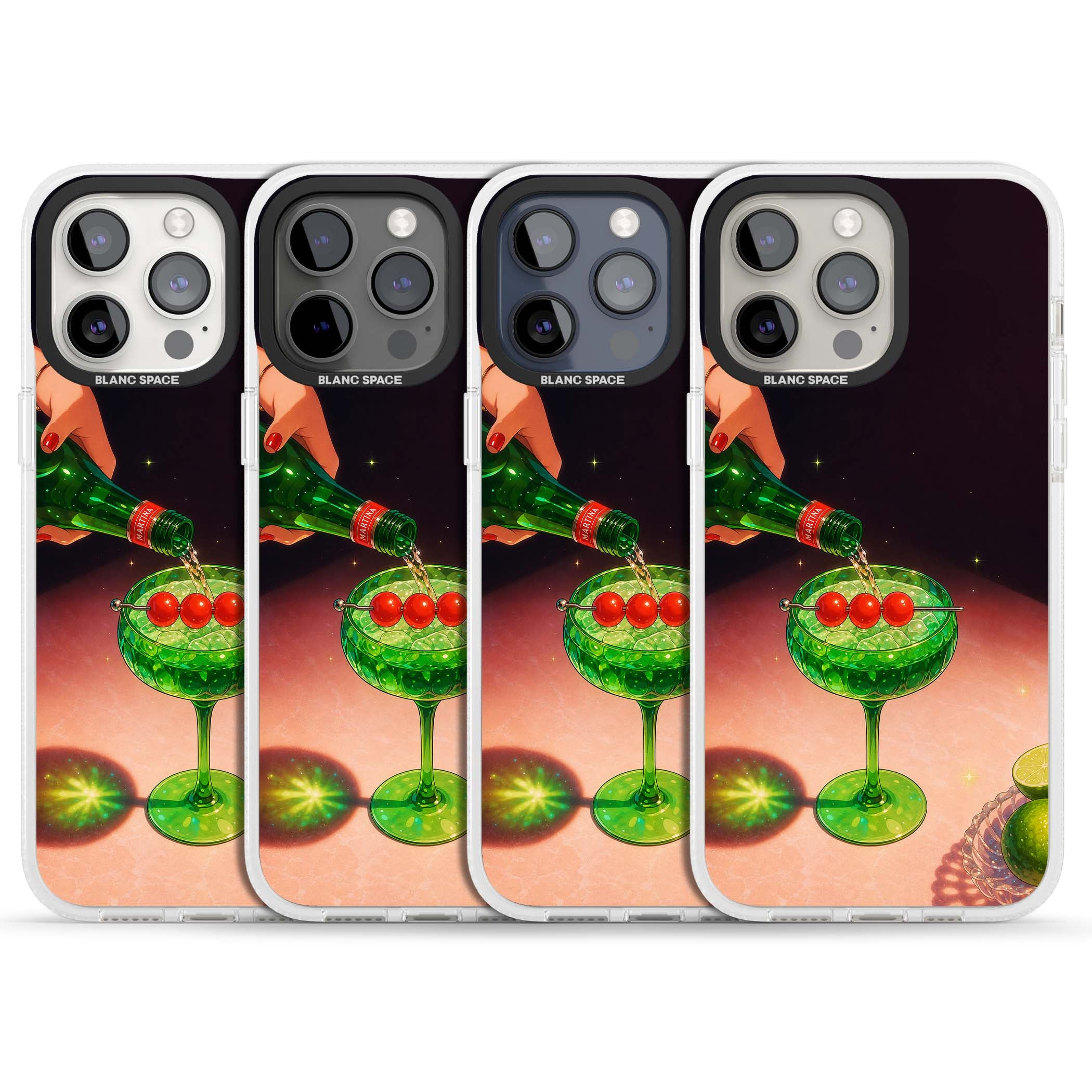 Absinthe Hour cocktail iPhone case featuring a green coupe glass, cherry garnish and vintage bottle pour illustration | Clear Case Impact Air case for iPhone 15 Pro, iPhone 15 Pro Max