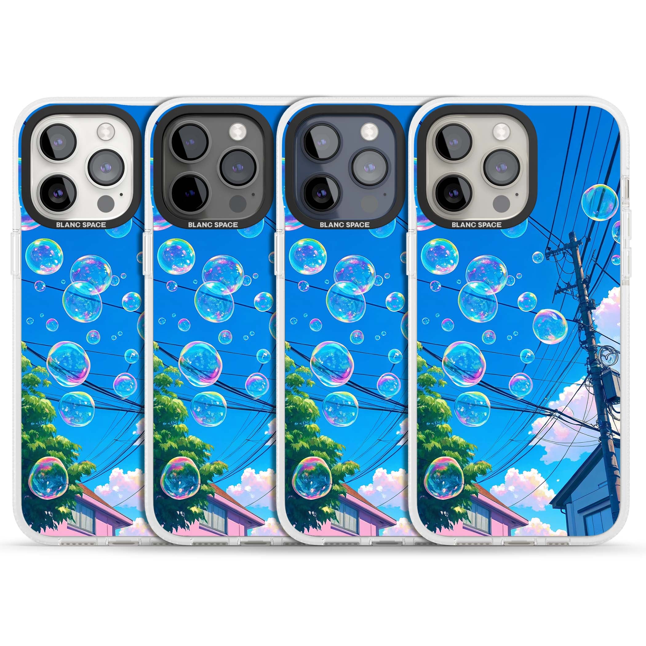 Suburban Bubbles anime iPhone case featuring iridescent soap bubbles, blue sky and Japanese telephone wires | Clear Case Impact Air case for iPhone 15 Pro, iPhone 15 Pro Max