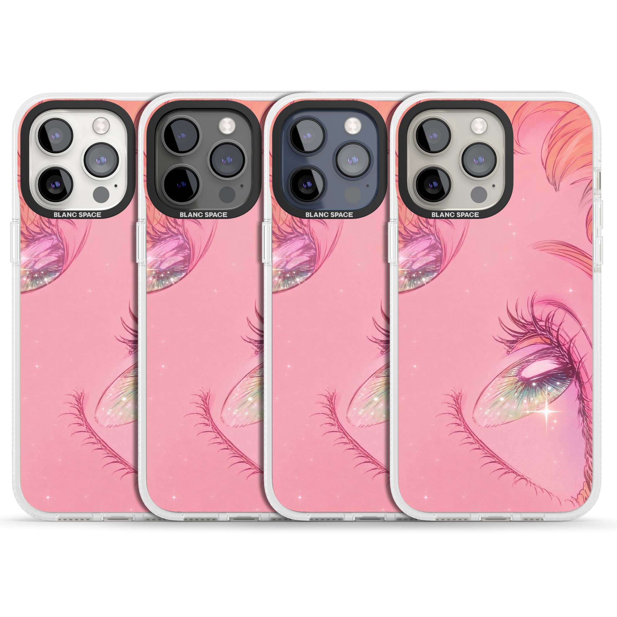 Pink Ethereal Gaze anime iPhone case featuring sparkling manga eyes, coral lashes and dreamy peach sky | Clear Case Impact Air case for iPhone 15 Pro, iPhone 15 Pro Max