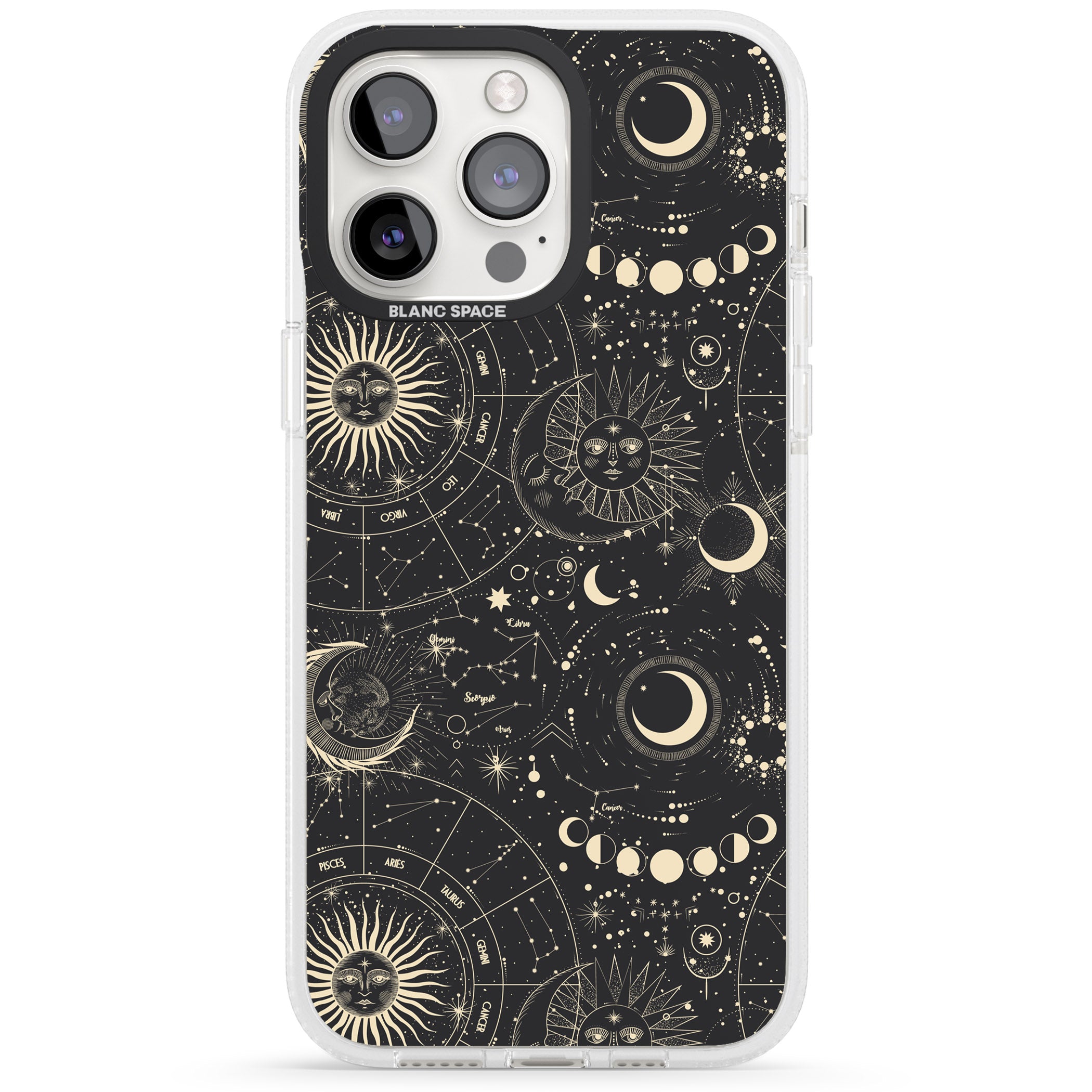 Suns, Moons & Star Signs iPhone 15 Pro Max / 15 Pro / 14 Pro Max / 14 Pro / 13 Pro Clear Case Impact Air - Blanc Space