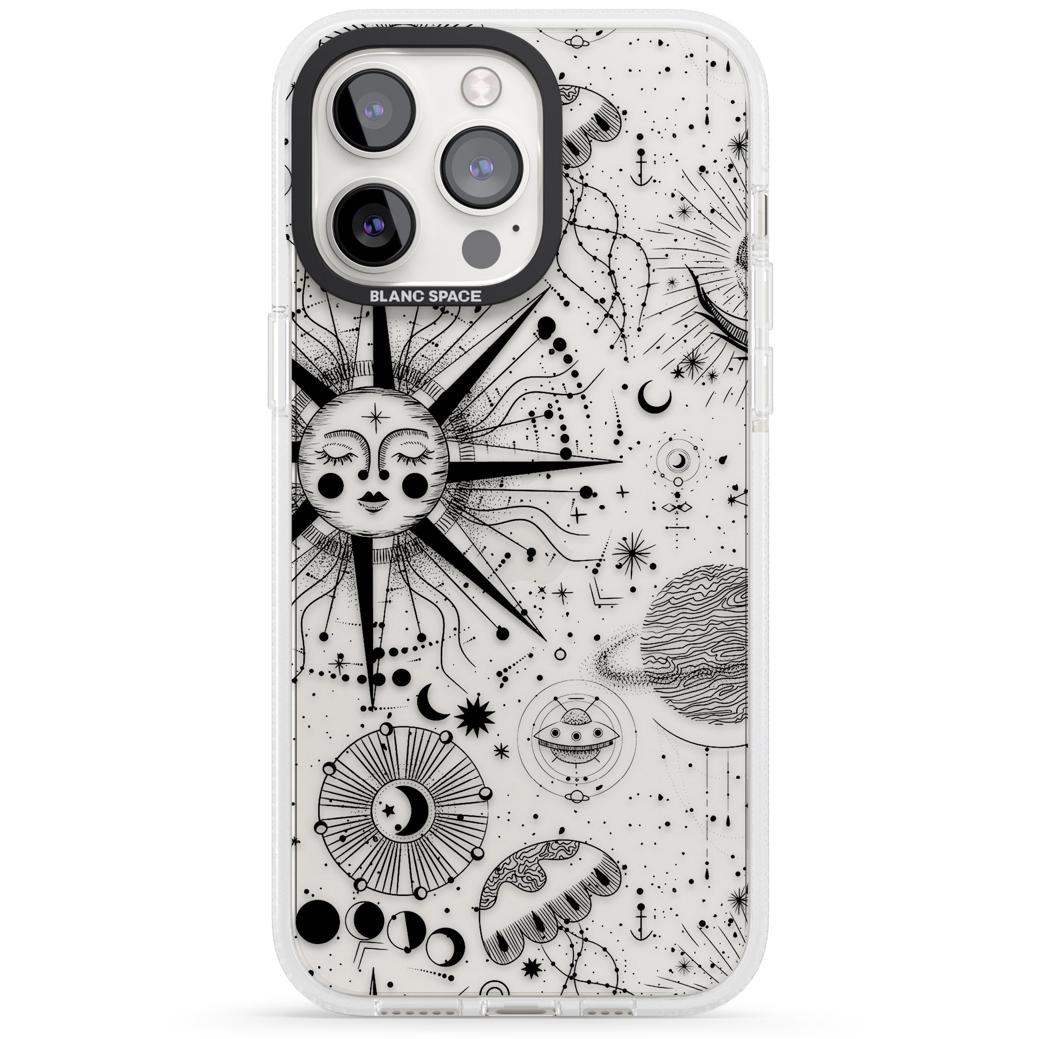 Large Sun Vintage Astrological iPhone 15 Pro Max / 15 Pro / 14 Pro Max / 14 Pro / 13 Pro Clear Case Impact Air - Blanc Space