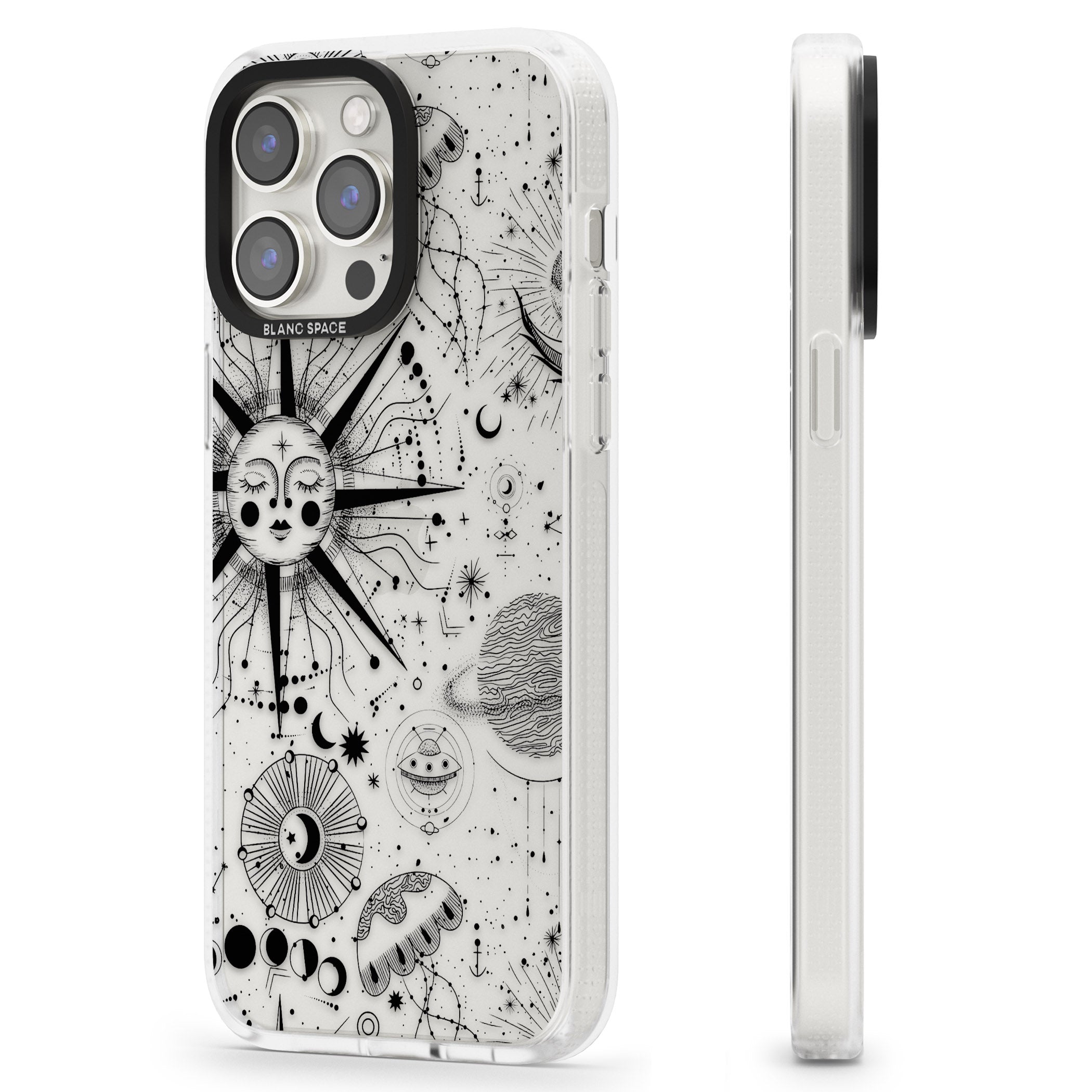 Large Sun Vintage Astrological iPhone 15 Pro Max / 15 Pro / 14 Pro Max / 14 Pro / 13 Pro Clear Case Impact Air - Blanc Space