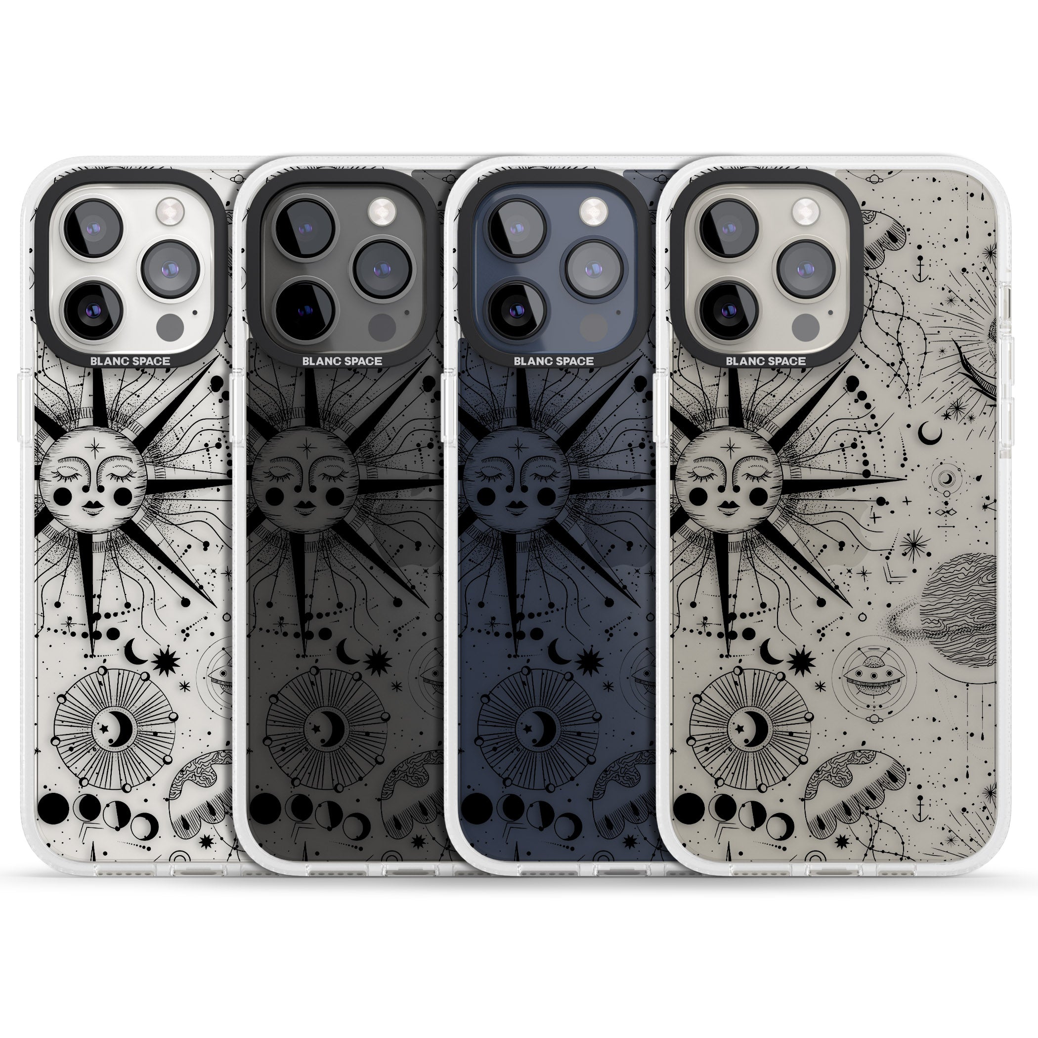 Large Sun Vintage Astrological iPhone 15 Pro Max / 15 Pro / 14 Pro Max / 14 Pro / 13 Pro Clear Case Impact Air - Blanc Space