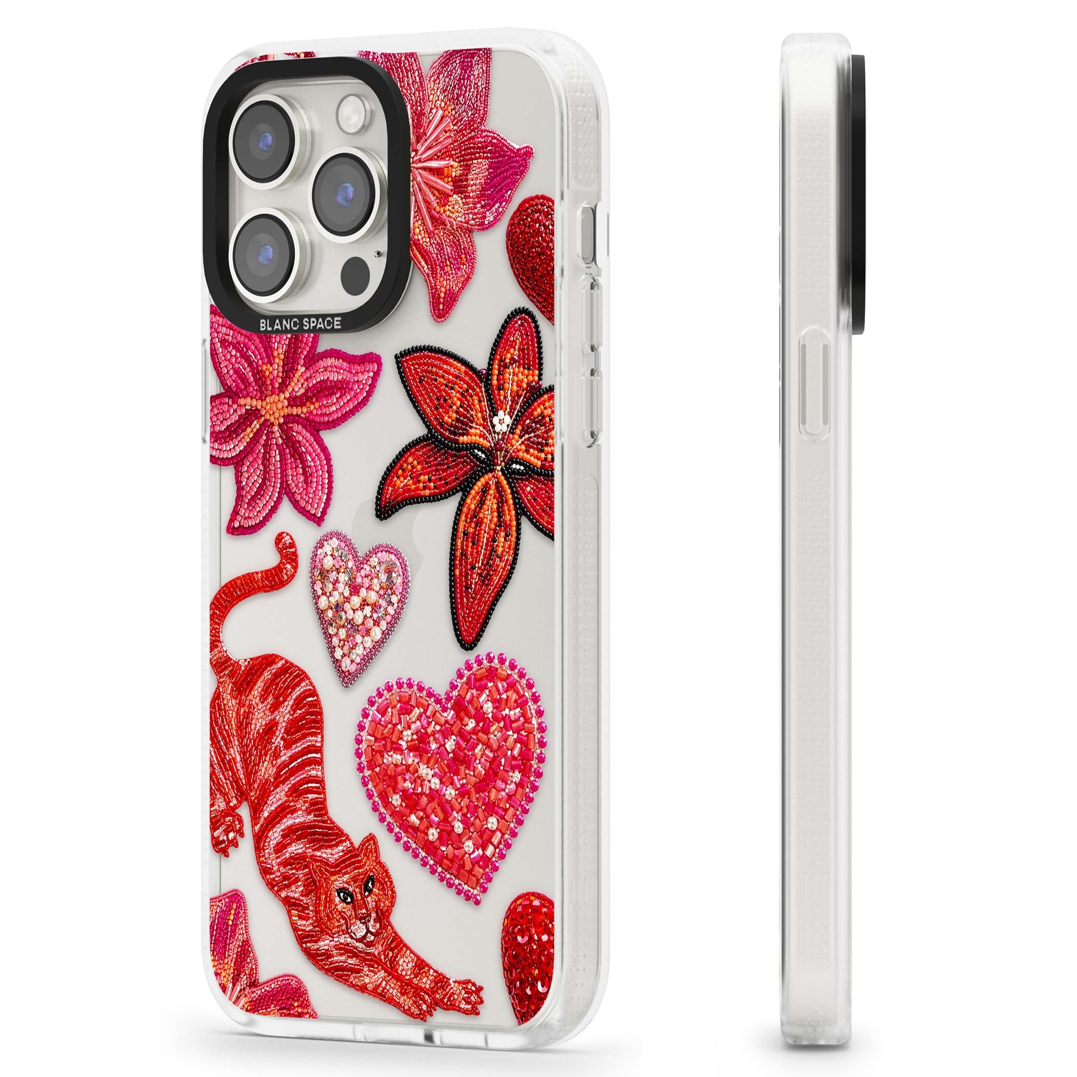 Beaded Boho floral iPhone case featuring beaded red lilies, a stitched tiger, and pearl-encrusted hearts on clear | Clear Case Impact Air case for iPhone 15 Pro, iPhone 15 Pro Max