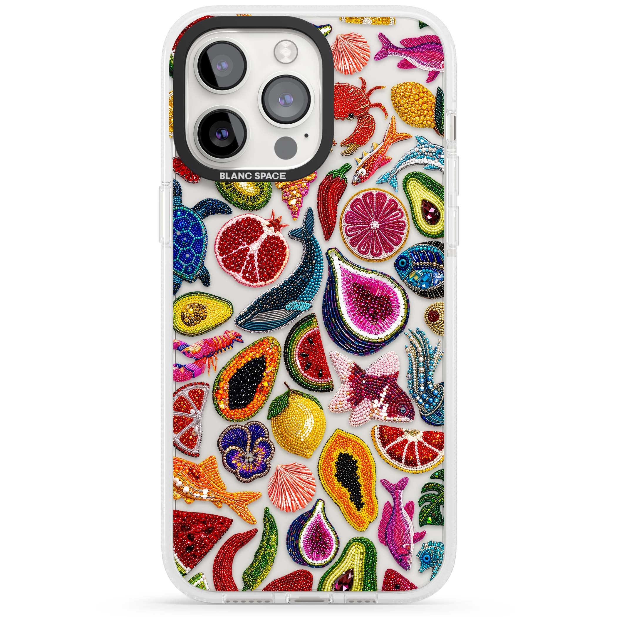 Beaded Tropic tropical iPhone case featuring beaded fruit, fish, crabs and seashells in vibrant colour | Clear Case Impact Air case for iPhone 15 Pro, iPhone 15 Pro Max