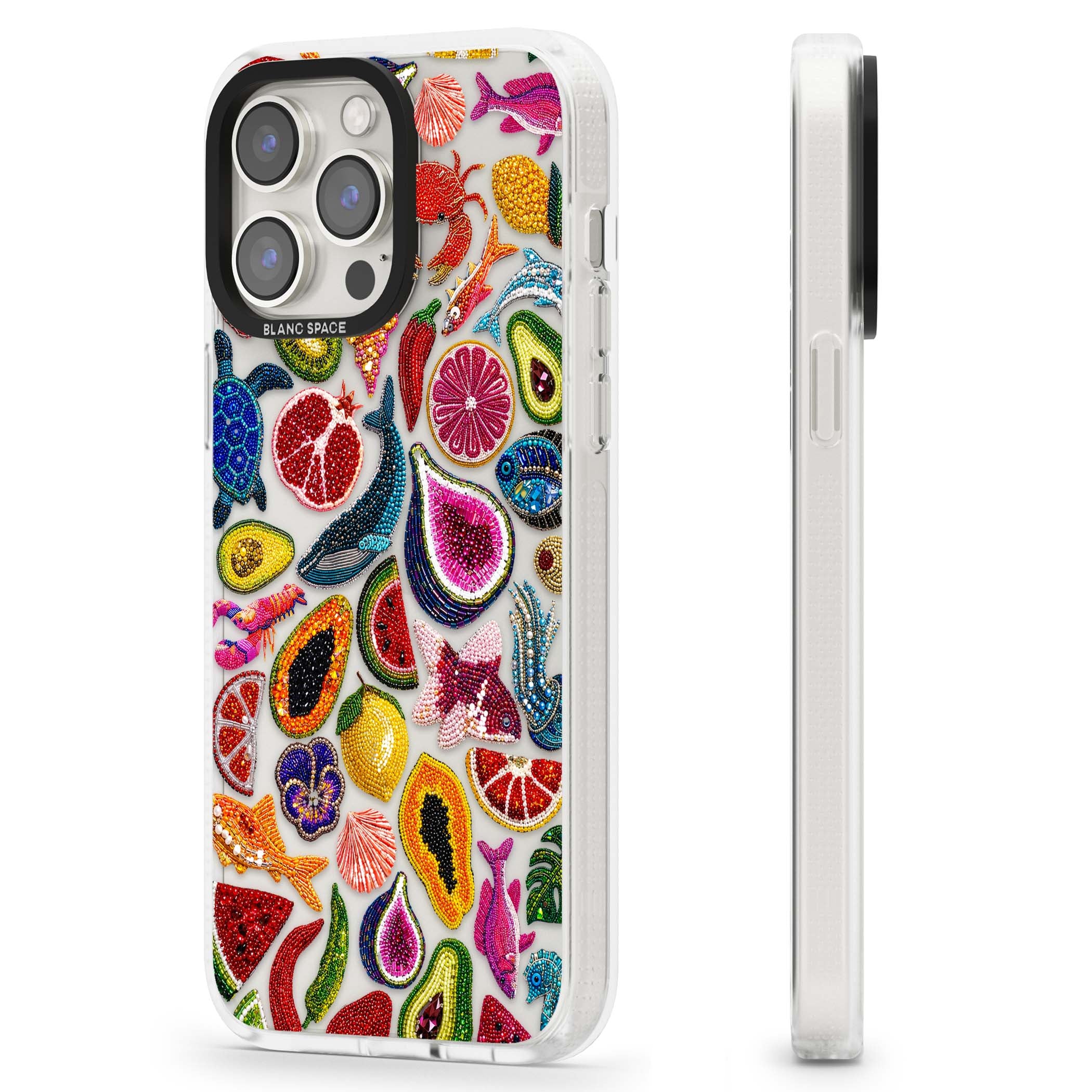 Beaded Tropic tropical iPhone case featuring beaded fruit, fish, crabs and seashells in vibrant colour | Clear Case Impact Air case for iPhone 15 Pro, iPhone 15 Pro Max