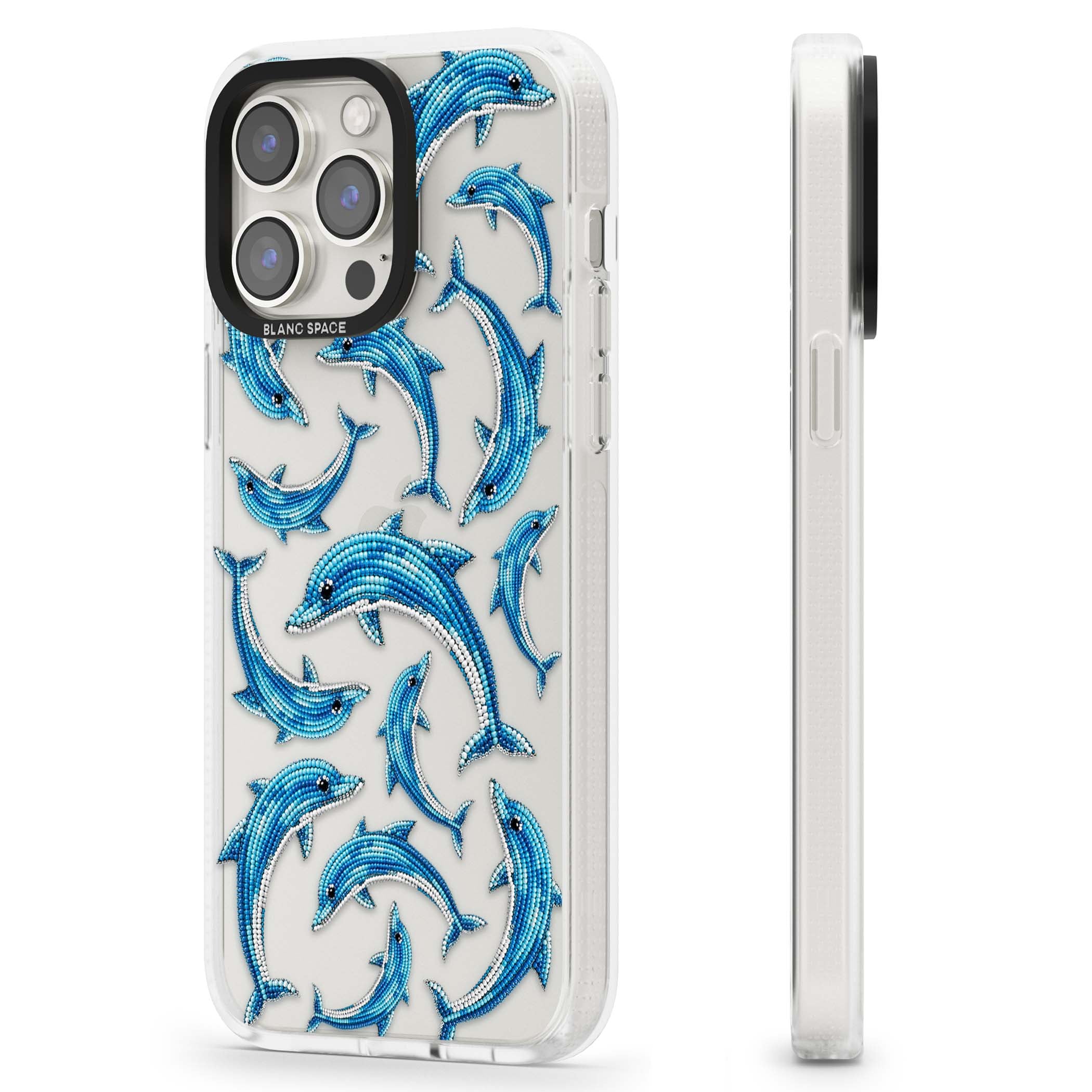 Beaded Dolphins coastal iPhone case featuring beaded dolphins in blue and white swimming across a clear background | Clear Case Impact Air case for iPhone 15 Pro, iPhone 15 Pro Max
