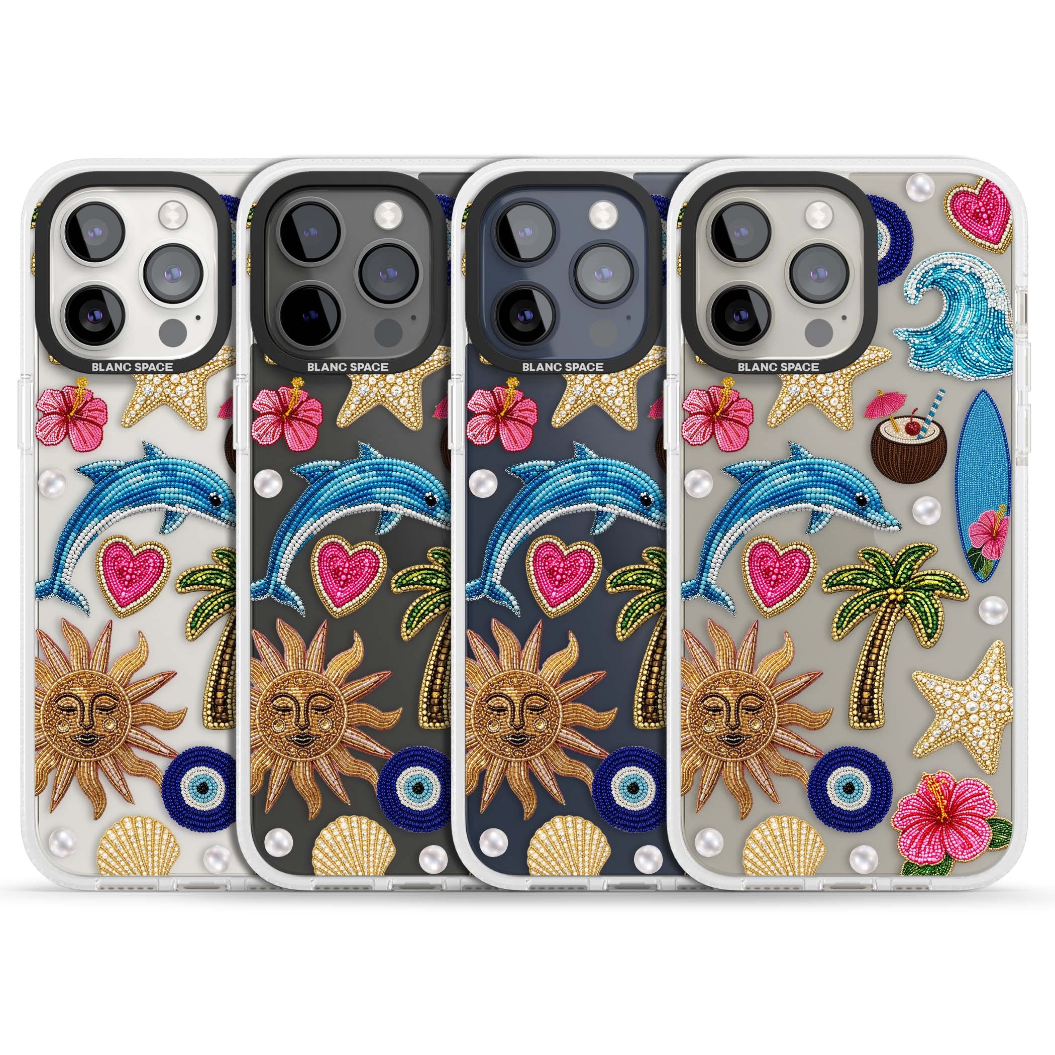 Beaded Beach coastal summer iPhone case featuring embroidered evil eye, hibiscus flowers, dolphin and palm tree patches | Clear Case Impact Air case for iPhone 15 Pro, iPhone 15 Pro Max