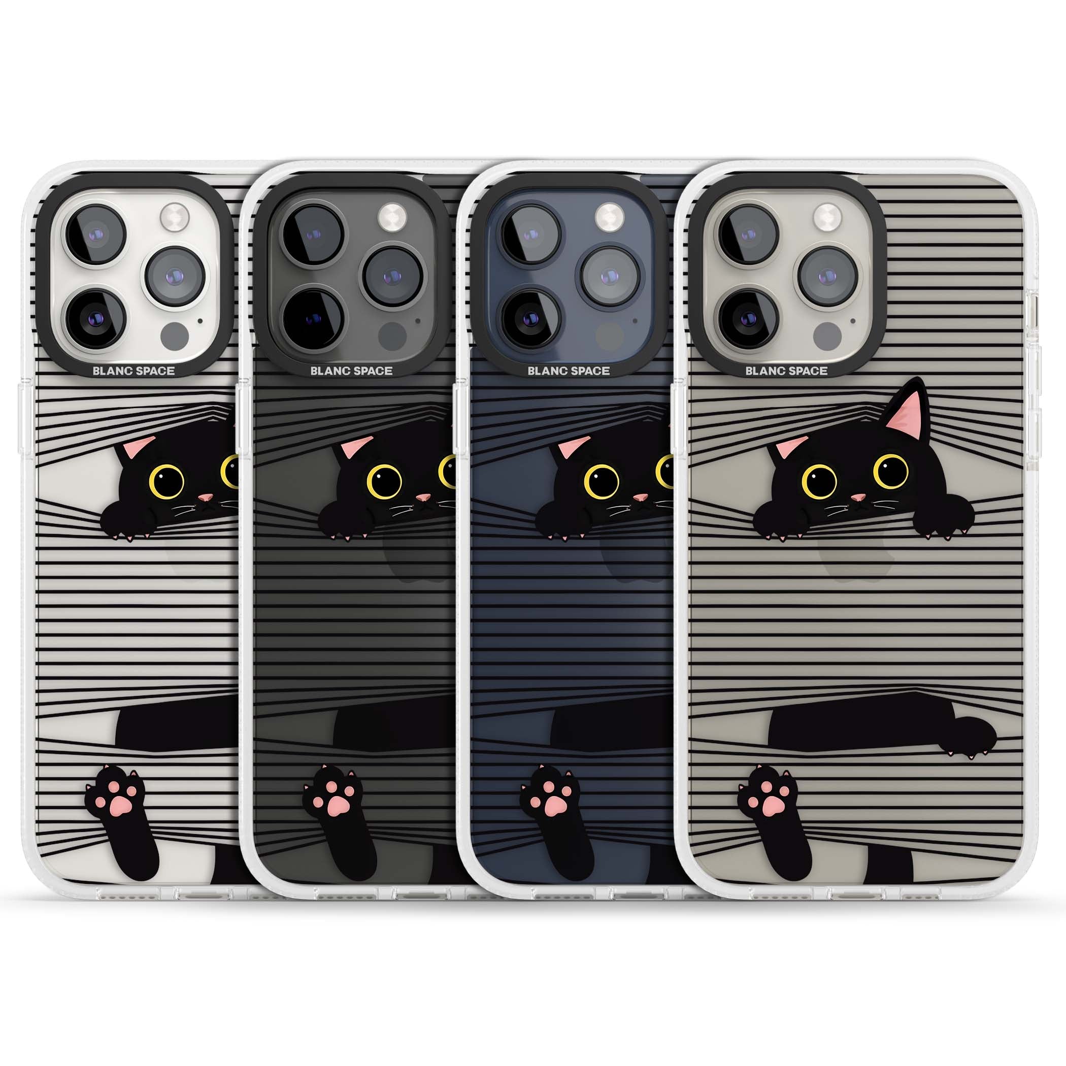 Peek-a-Boo Cat minimal iPhone case featuring black cat peeking through horizontal black and white stripes | Clear Case Impact Air case for iPhone 15 Pro, iPhone 15 Pro Max