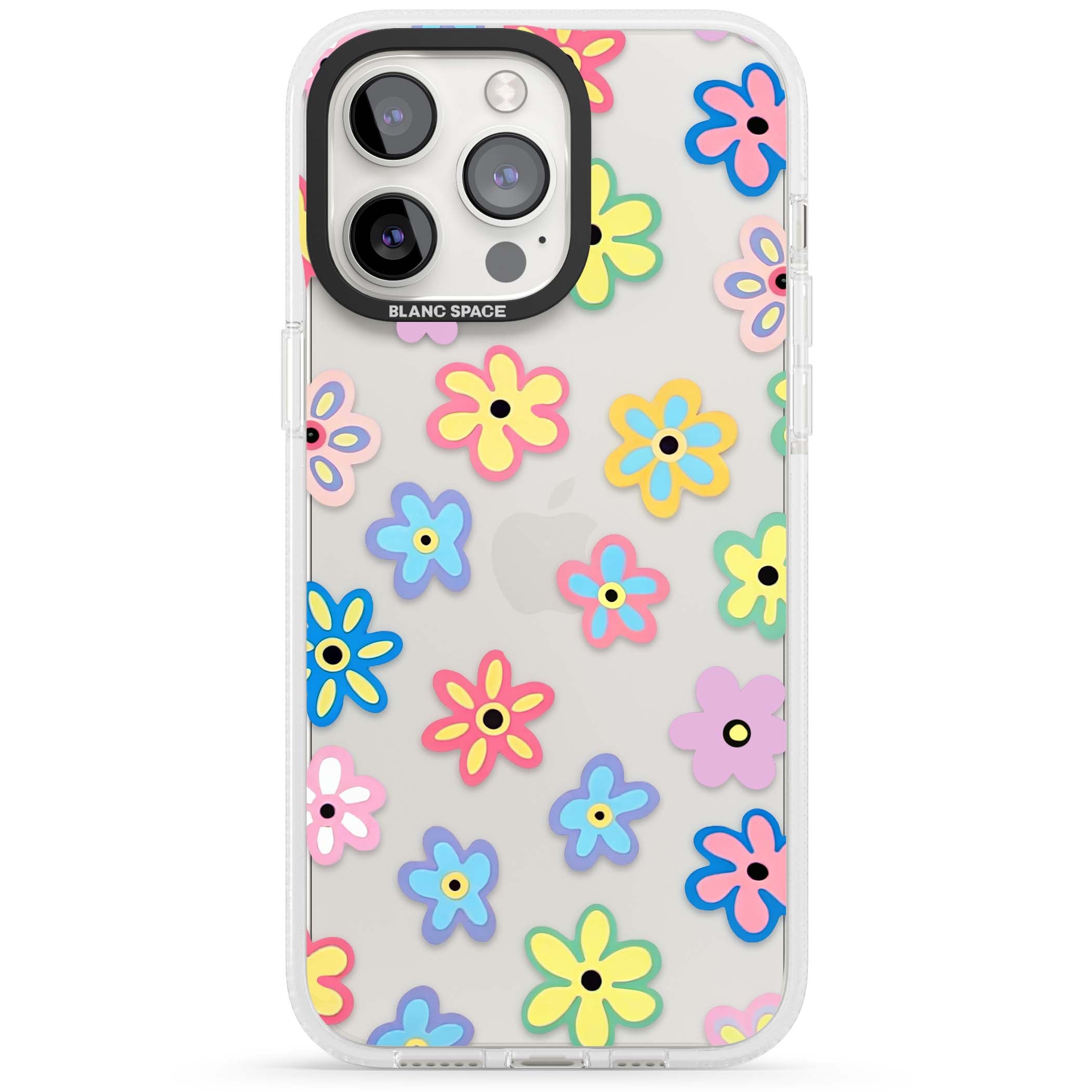 Bloom Pop cottagecore iPhone case featuring multicolor pastel flowers with black centers on clear background | Clear Case Impact Air case for iPhone 15 Pro, iPhone 15 Pro Max