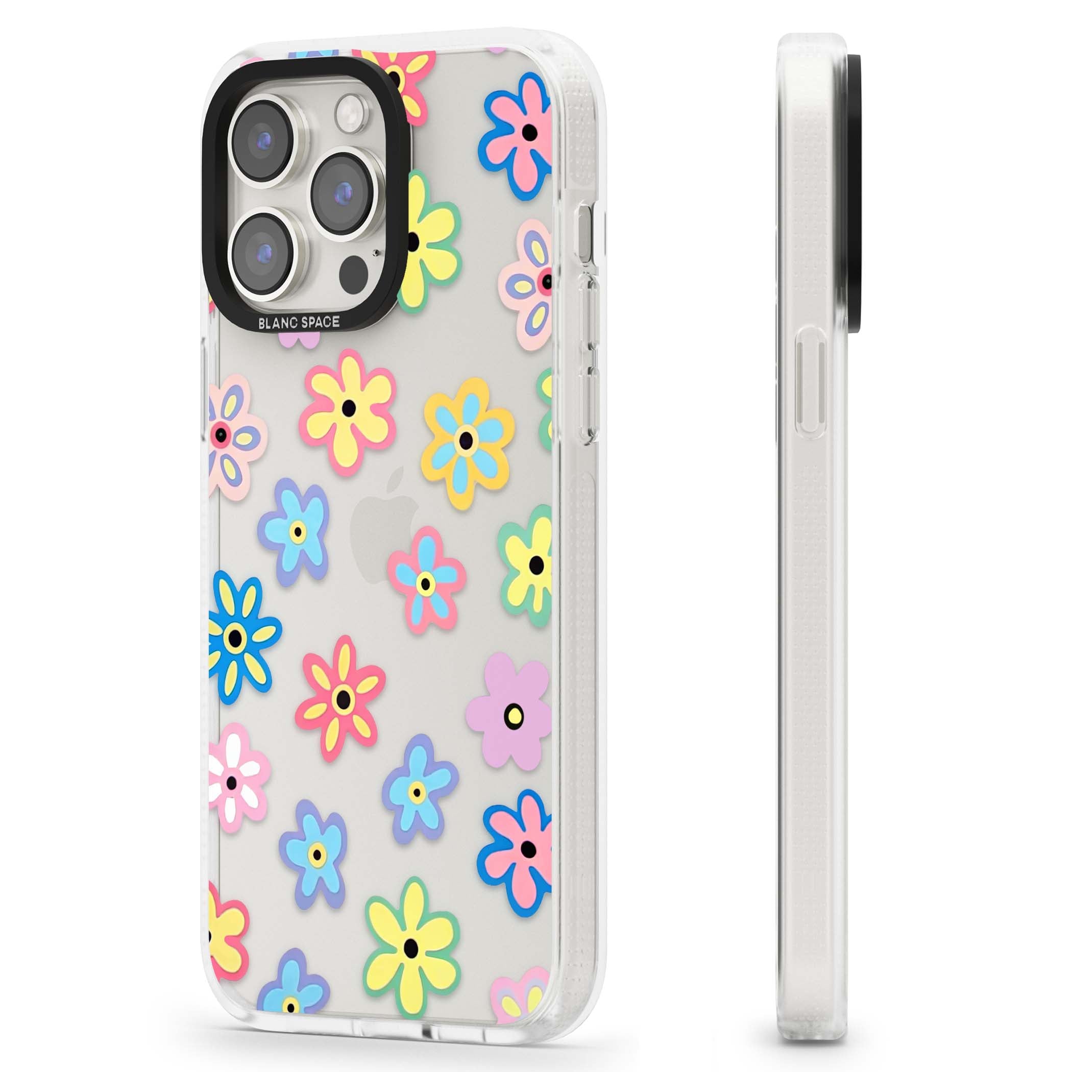Bloom Pop cottagecore iPhone case featuring multicolor pastel flowers with black centers on clear background | Clear Case Impact Air case for iPhone 15 Pro, iPhone 15 Pro Max