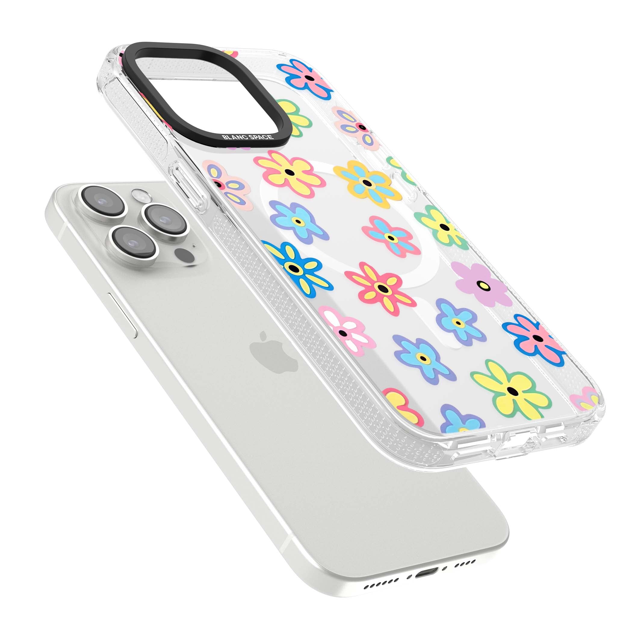 Bloom Pop cottagecore iPhone case featuring multicolor pastel flowers with black centers on clear background | Clear Case Impact Air case for iPhone 15 Pro, iPhone 15 Pro Max