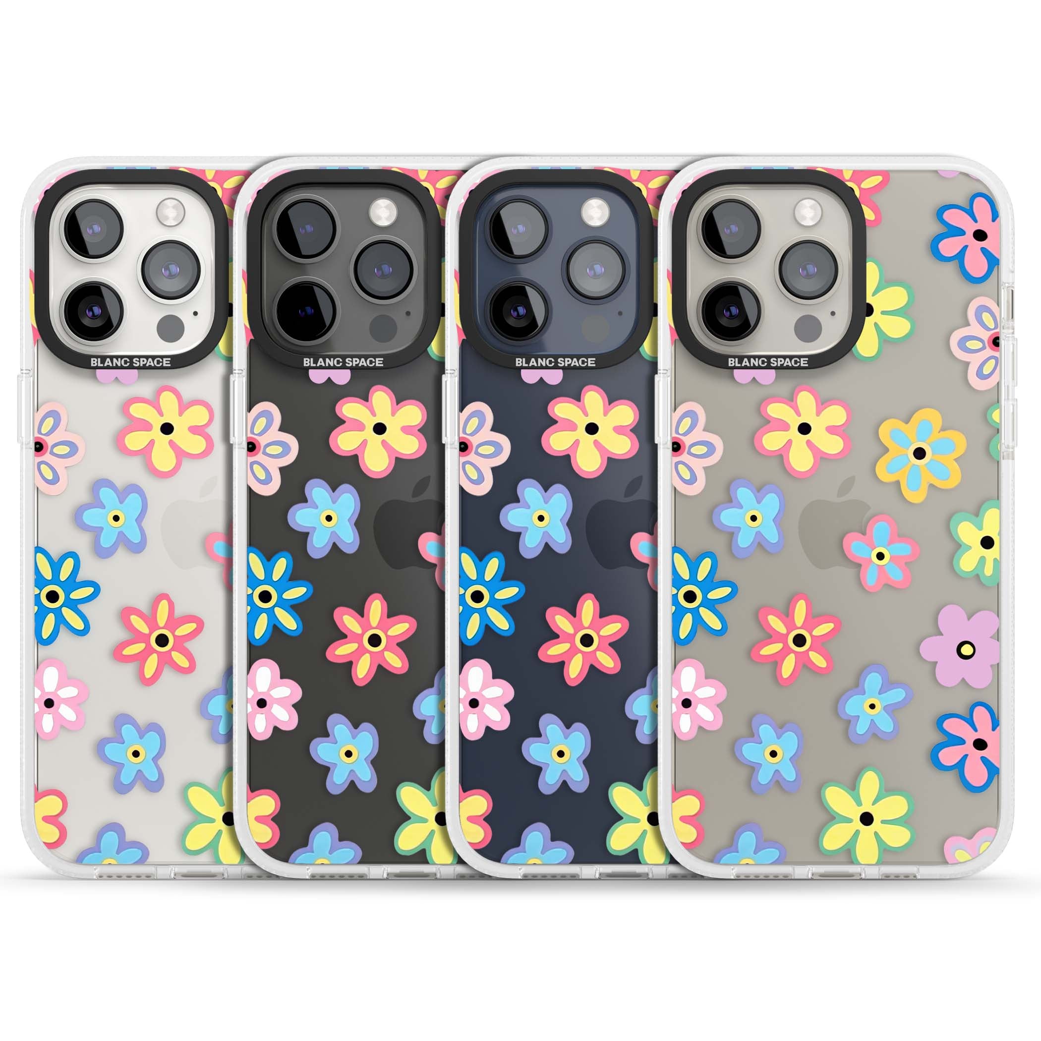 Bloom Pop cottagecore iPhone case featuring multicolor pastel flowers with black centers on clear background | Clear Case Impact Air case for iPhone 15 Pro, iPhone 15 Pro Max
