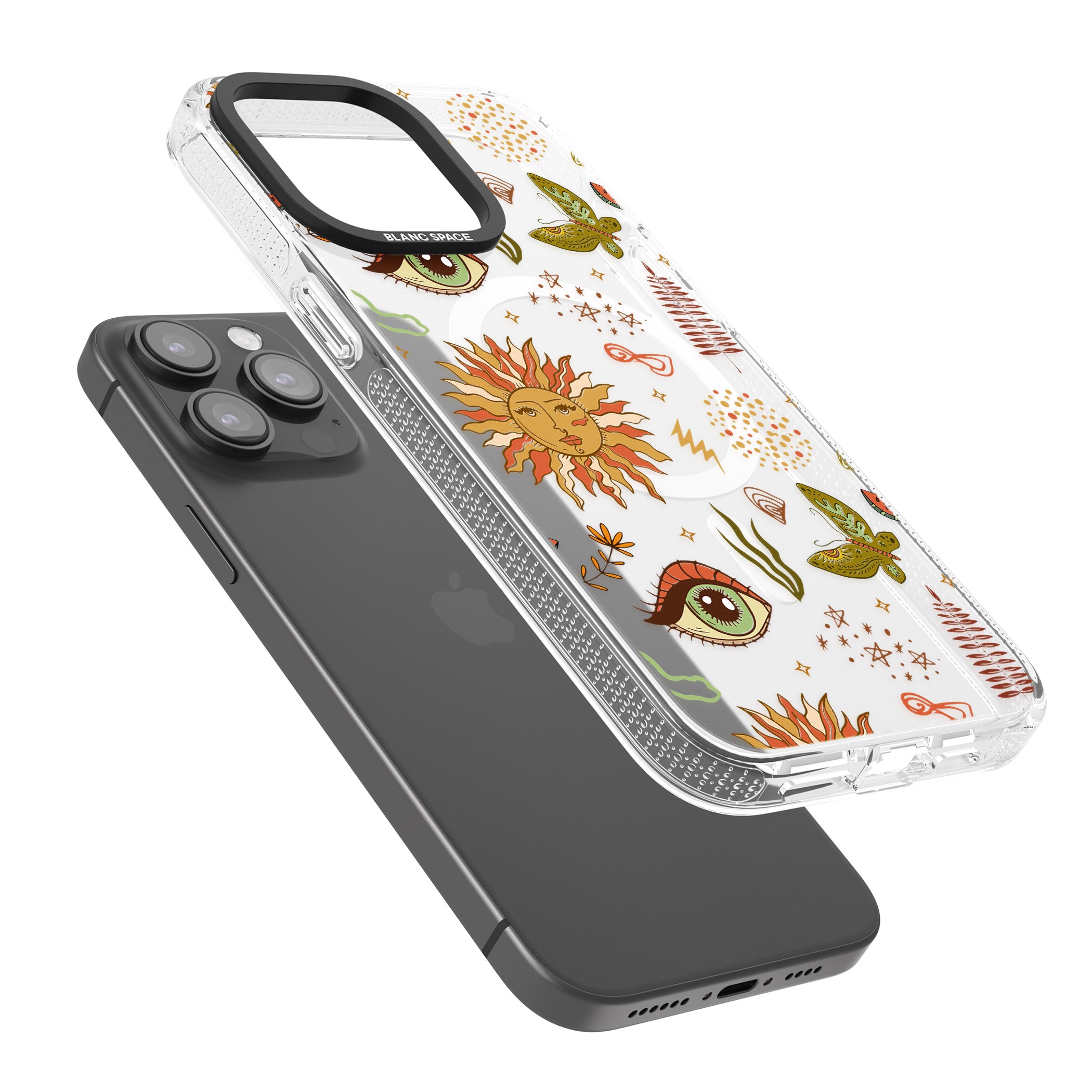 Boho Celestial Sun & Eye Pattern iPhone 15 Pro Max / 15 Pro / 14 Pro Max / 14 Pro / 13 Pro Clear Case Impact Air - Blanc Space