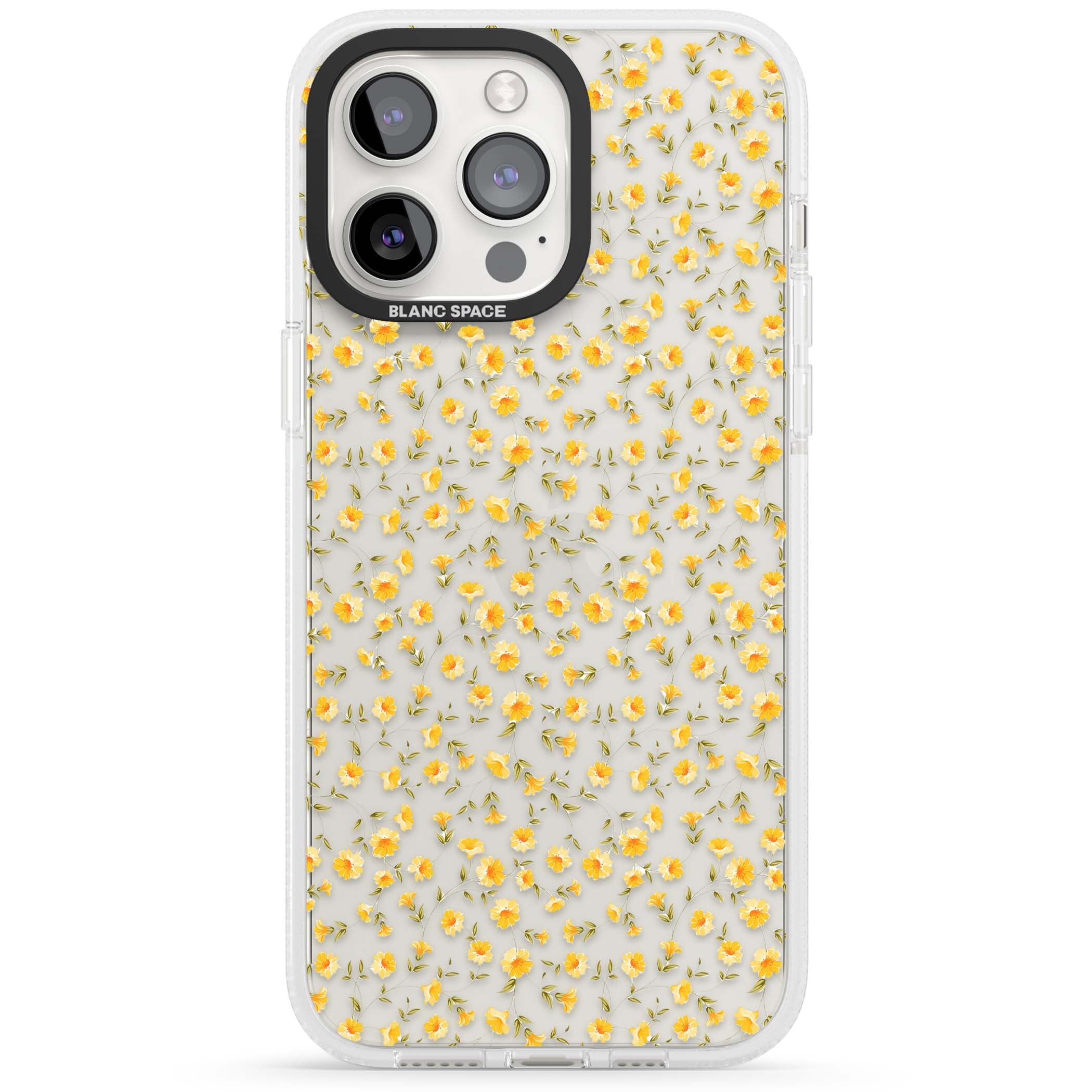 Buttercup wildflower iPhone case featuring tiny yellow flowers and trailing green vines on clear | Clear Case Impact Air case for iPhone 15 Pro, iPhone 15 Pro Max