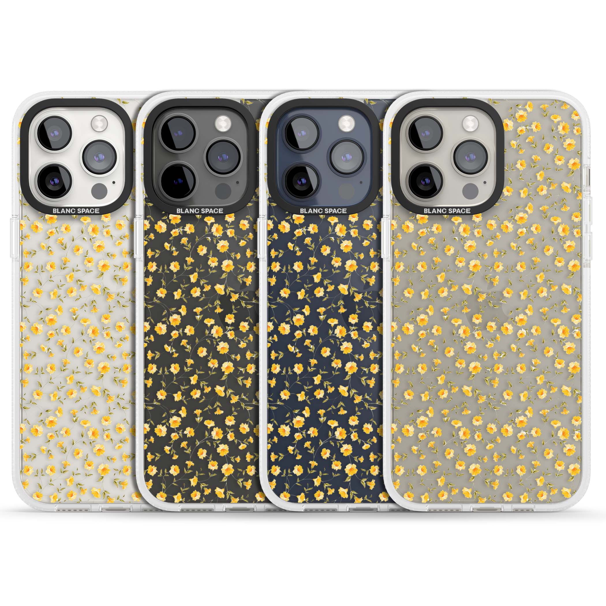 Buttercup wildflower iPhone case featuring tiny yellow flowers and trailing green vines on clear | Clear Case Impact Air case for iPhone 15 Pro, iPhone 15 Pro Max