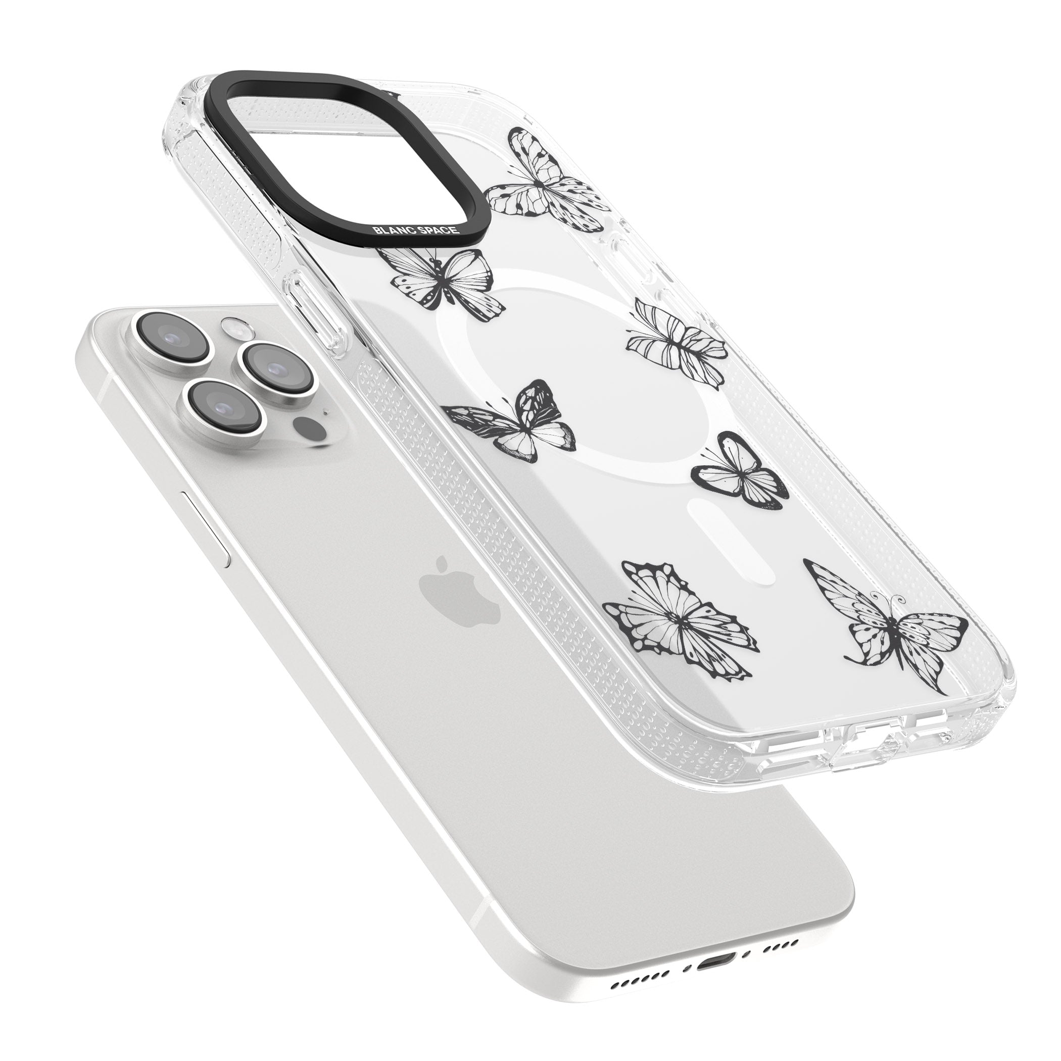 Grey Butterfly Line Pattern iPhone 15 Pro Max / 15 Pro / 14 Pro Max / 14 Pro / 13 Pro Clear Case Impact Air - Blanc Space