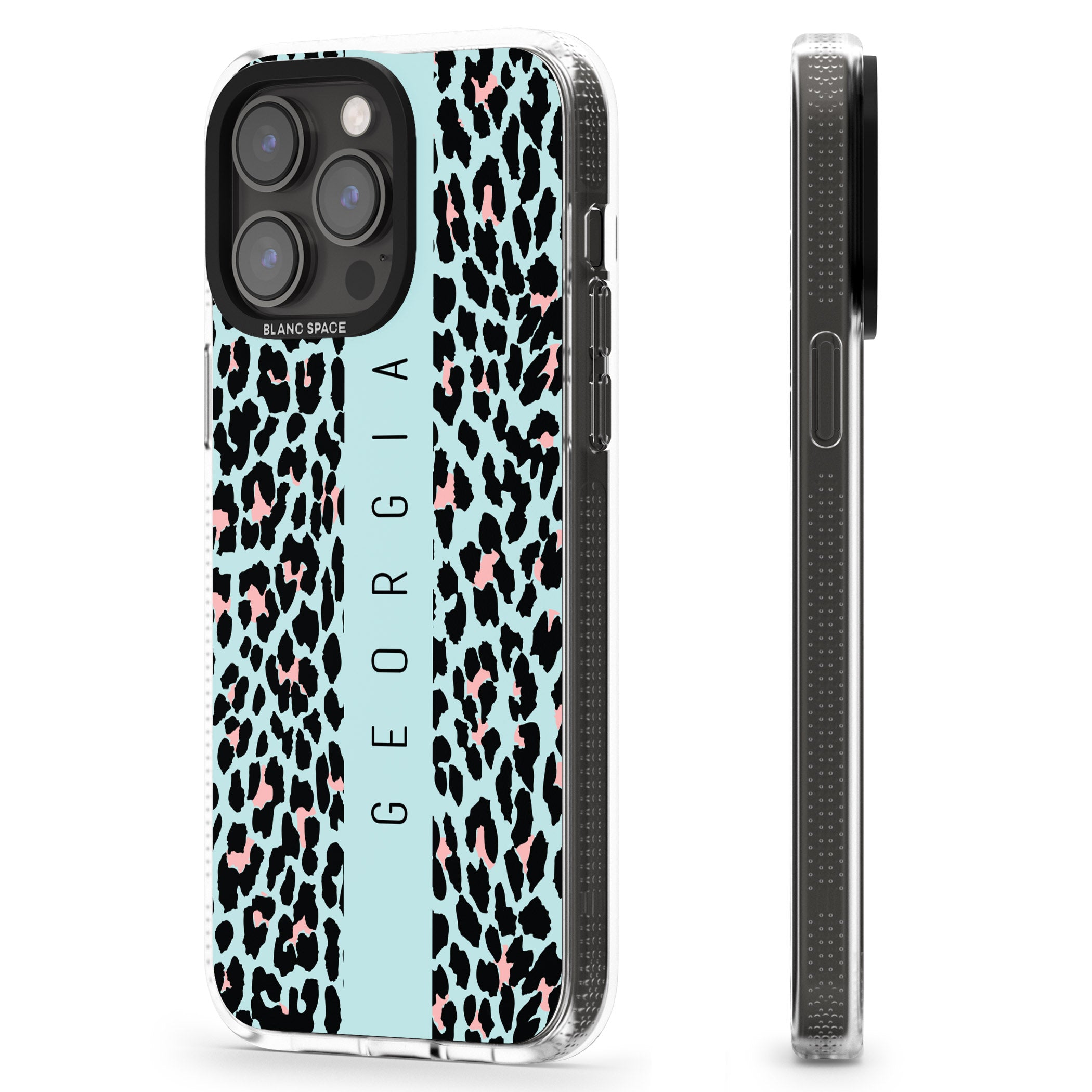 Personalised Blue Leopard Spots iPhone 15 Pro Max / 15 Pro / 14 Pro Max / 14 Pro / 13 Pro Clear Case Impact Air - Blanc Space