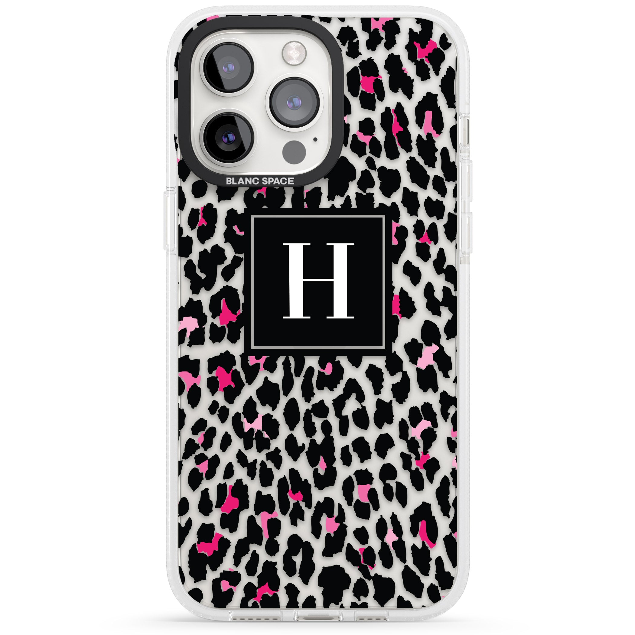 Personalised Pink Monogram Leopard Spots iPhone 15 Pro Max / 15 Pro / 14 Pro Max / 14 Pro / 13 Pro Clear Case Impact Air - Blanc Space