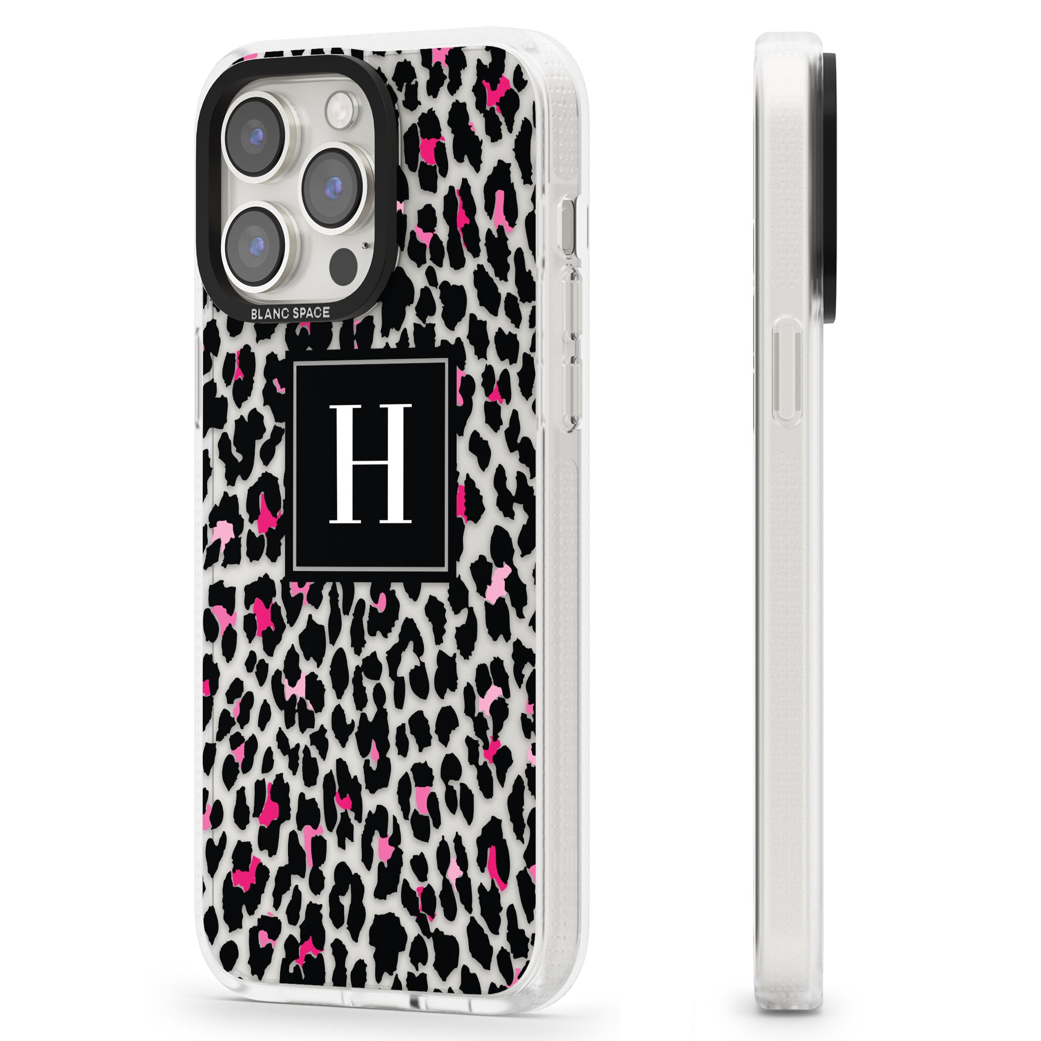 Personalised Pink Monogram Leopard Spots iPhone 15 Pro Max / 15 Pro / 14 Pro Max / 14 Pro / 13 Pro Clear Case Impact Air - Blanc Space