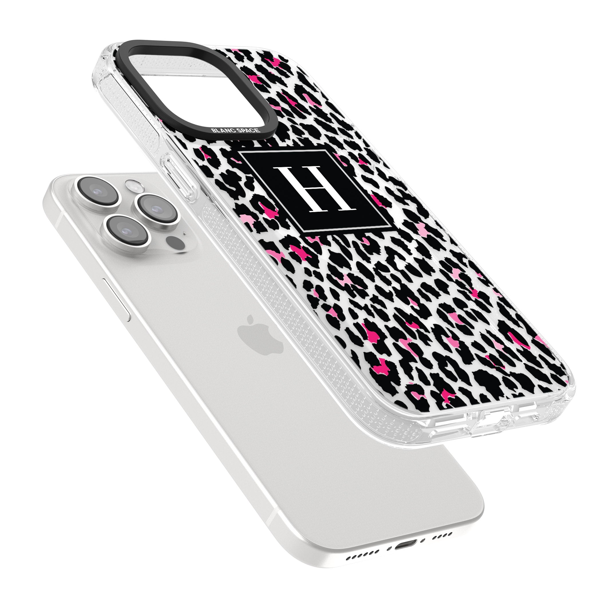 Personalised Pink Monogram Leopard Spots iPhone 15 Pro Max / 15 Pro / 14 Pro Max / 14 Pro / 13 Pro Clear Case Impact Air - Blanc Space