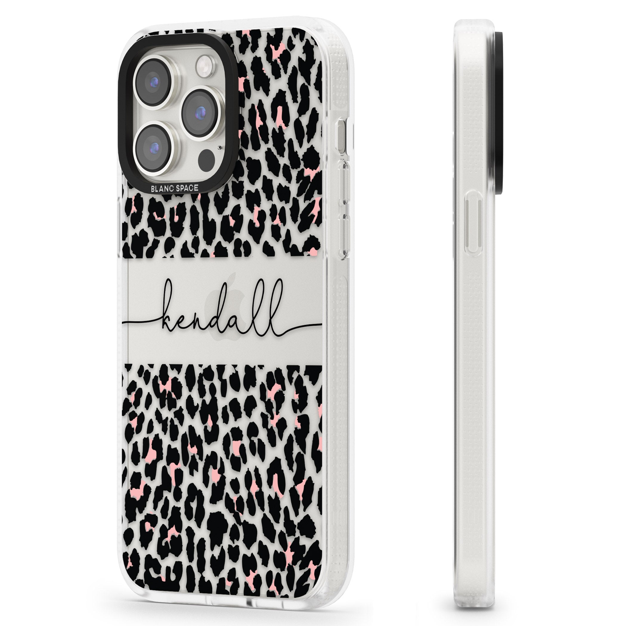 Personalised Pink & Cursive Leopard Spots iPhone 15 Pro Max / 15 Pro / 14 Pro Max / 14 Pro / 13 Pro Clear Case Impact Air - Blanc Space