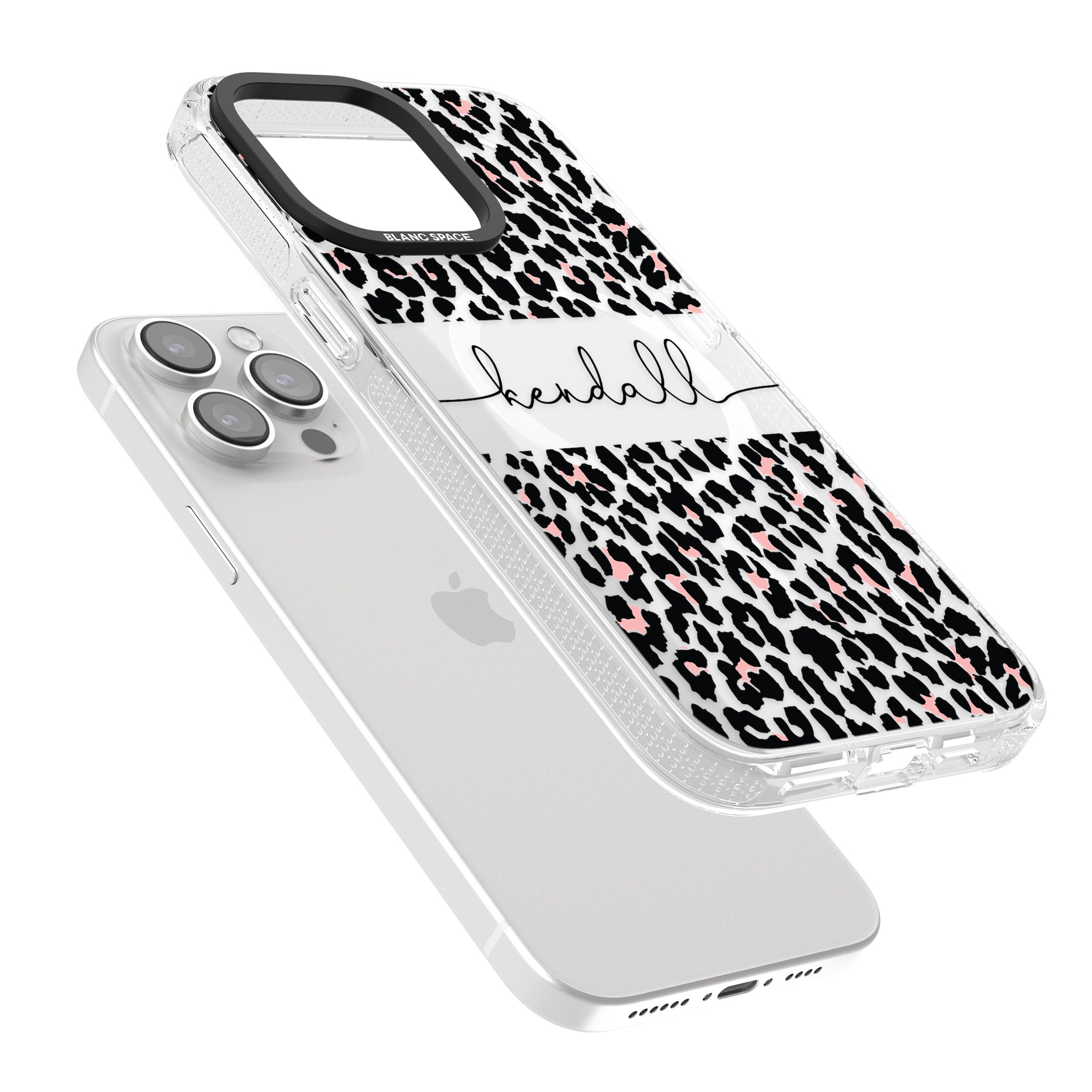 Personalised Pink & Cursive Leopard Spots iPhone 15 Pro Max / 15 Pro / 14 Pro Max / 14 Pro / 13 Pro Clear Case Impact Air - Blanc Space