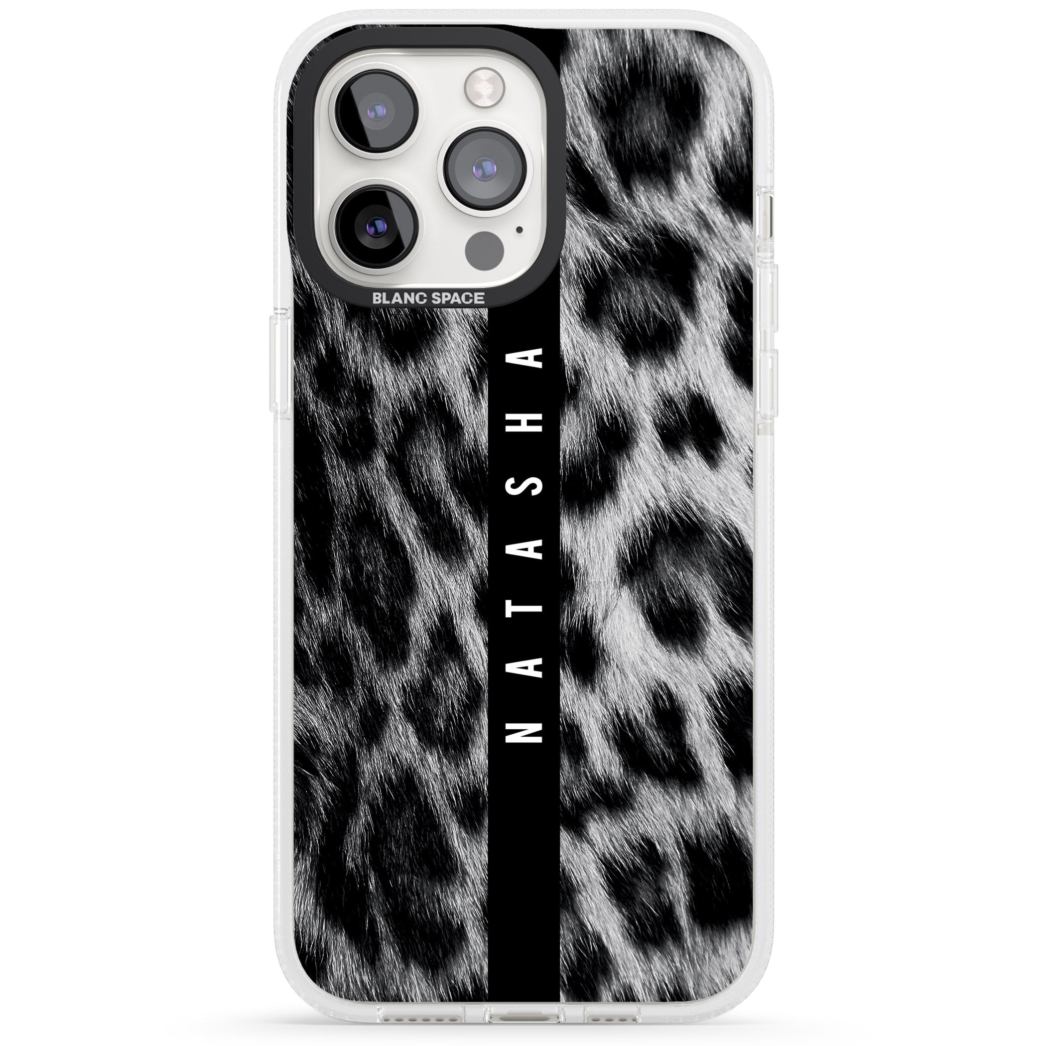 Personalised Snow Leopard Print iPhone 15 Pro Max / 15 Pro / 14 Pro Max / 14 Pro / 13 Pro Clear Case Impact Air - Blanc Space