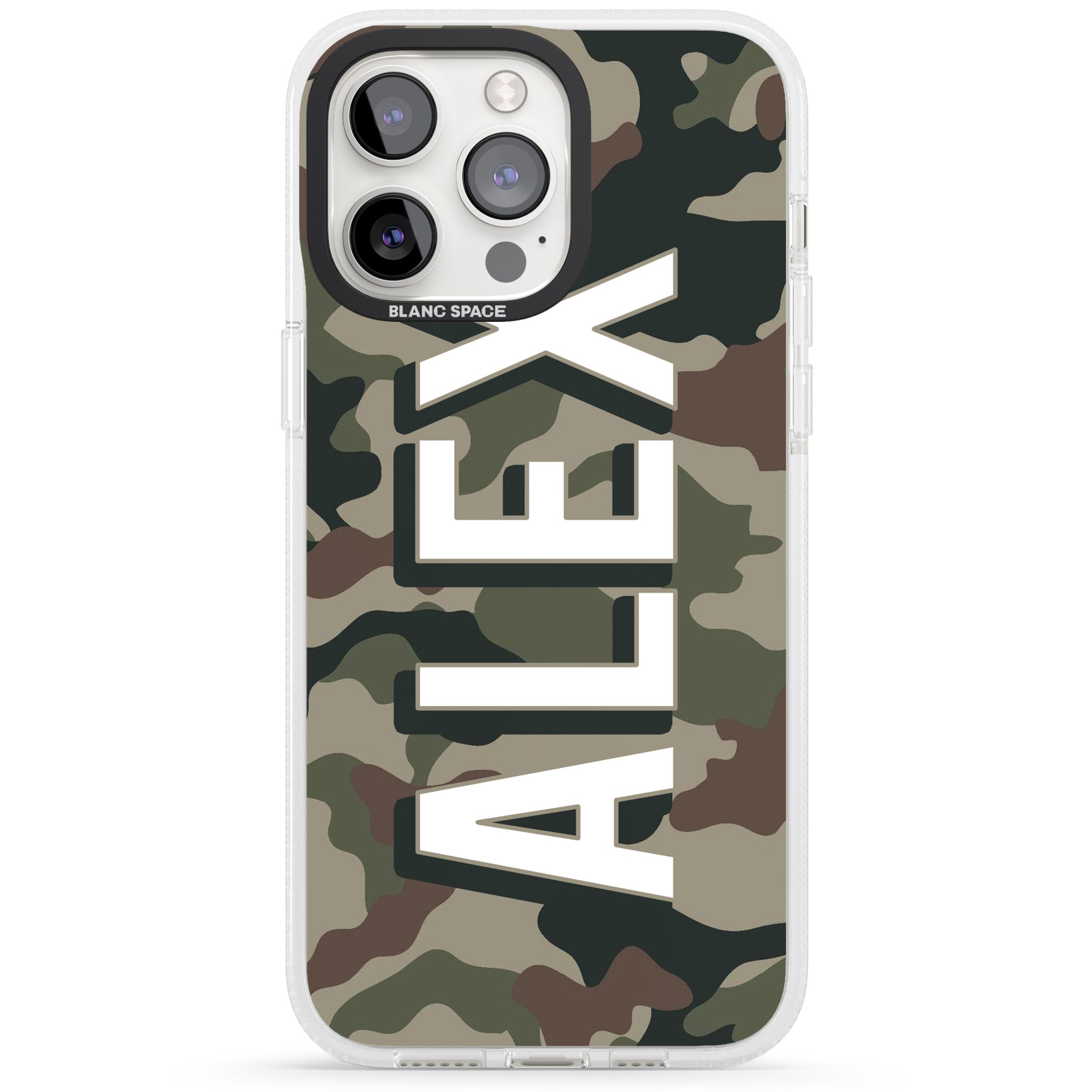 Personalised Classic Green Camo iPhone 15 Pro Max / 15 Pro / 14 Pro Max / 14 Pro / 13 Pro Clear Case Impact Air - Blanc Space