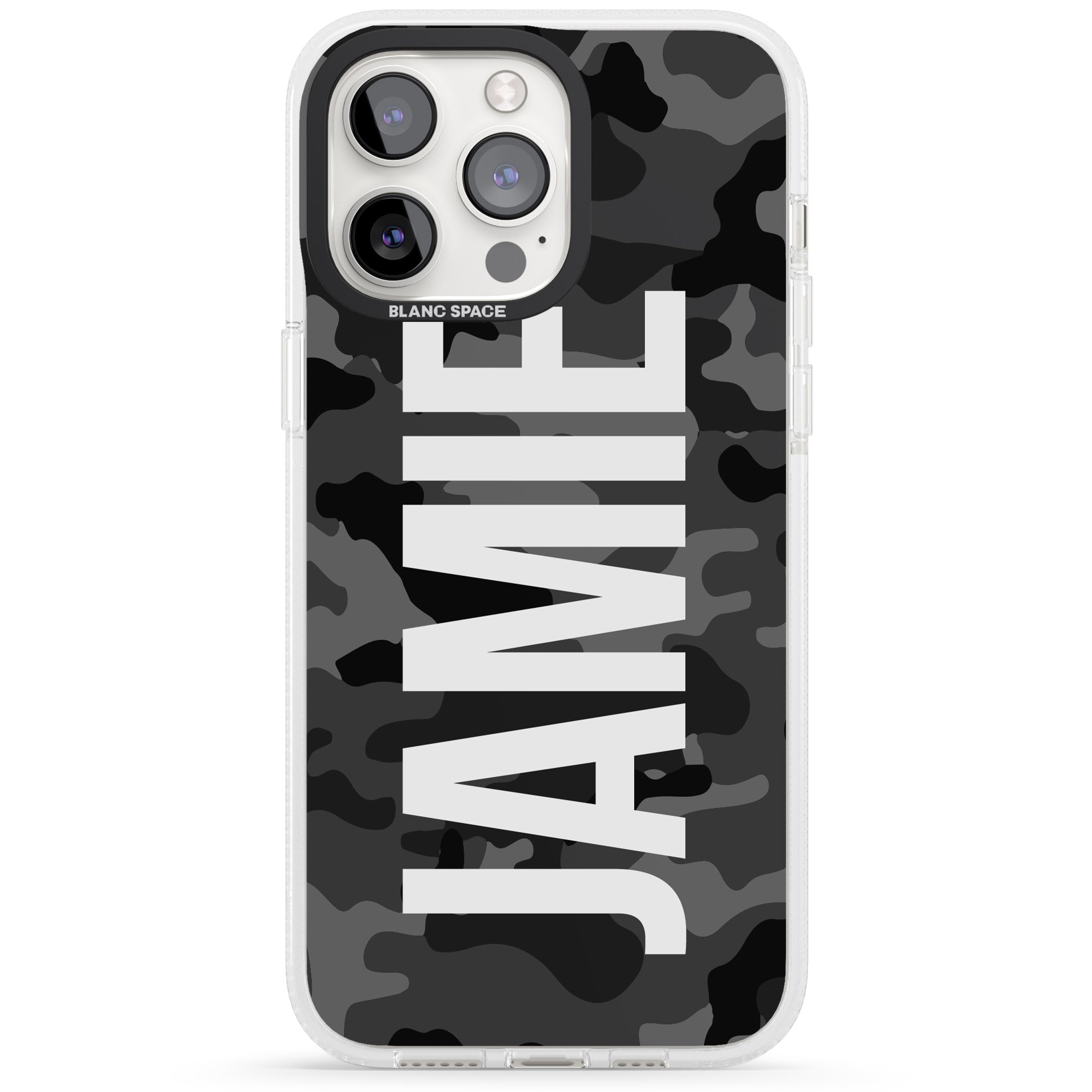 Personalised Vertical Name Black Camouflage iPhone 15 Pro Max / 15 Pro / 14 Pro Max / 14 Pro / 13 Pro Clear Case Impact Air - Blanc Space