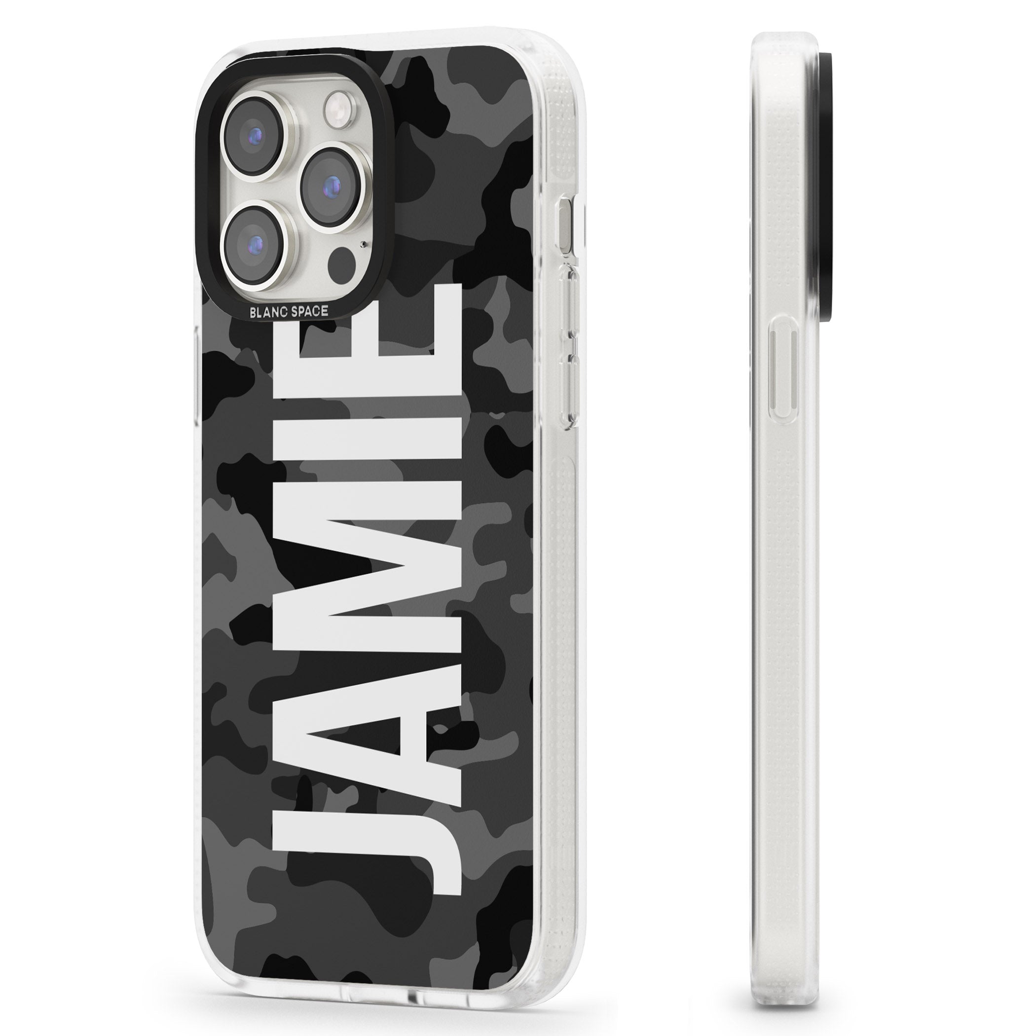 Personalised Vertical Name Black Camouflage iPhone 15 Pro Max / 15 Pro / 14 Pro Max / 14 Pro / 13 Pro Clear Case Impact Air - Blanc Space