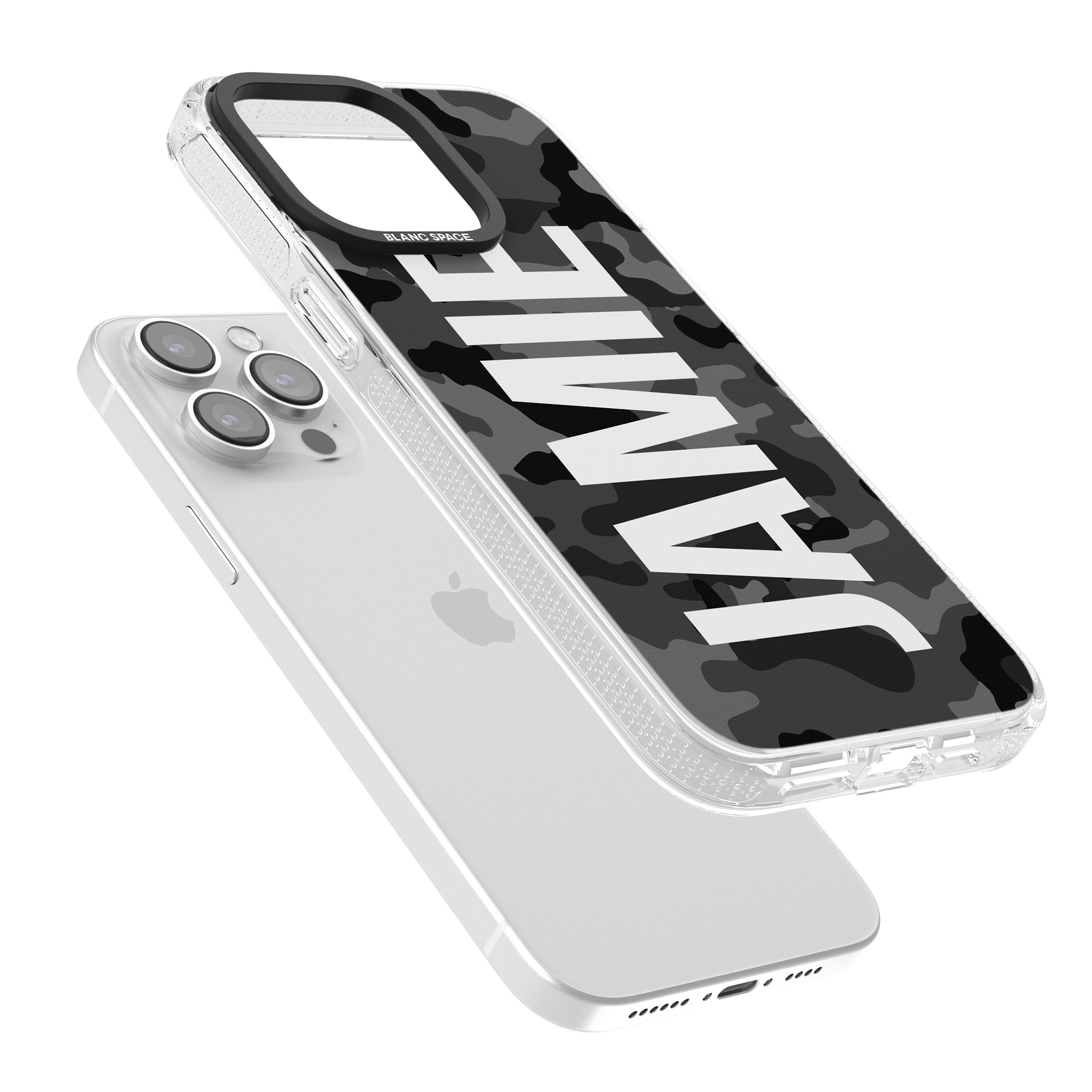 Personalised Vertical Name Black Camouflage iPhone 15 Pro Max / 15 Pro / 14 Pro Max / 14 Pro / 13 Pro Clear Case Impact Air - Blanc Space