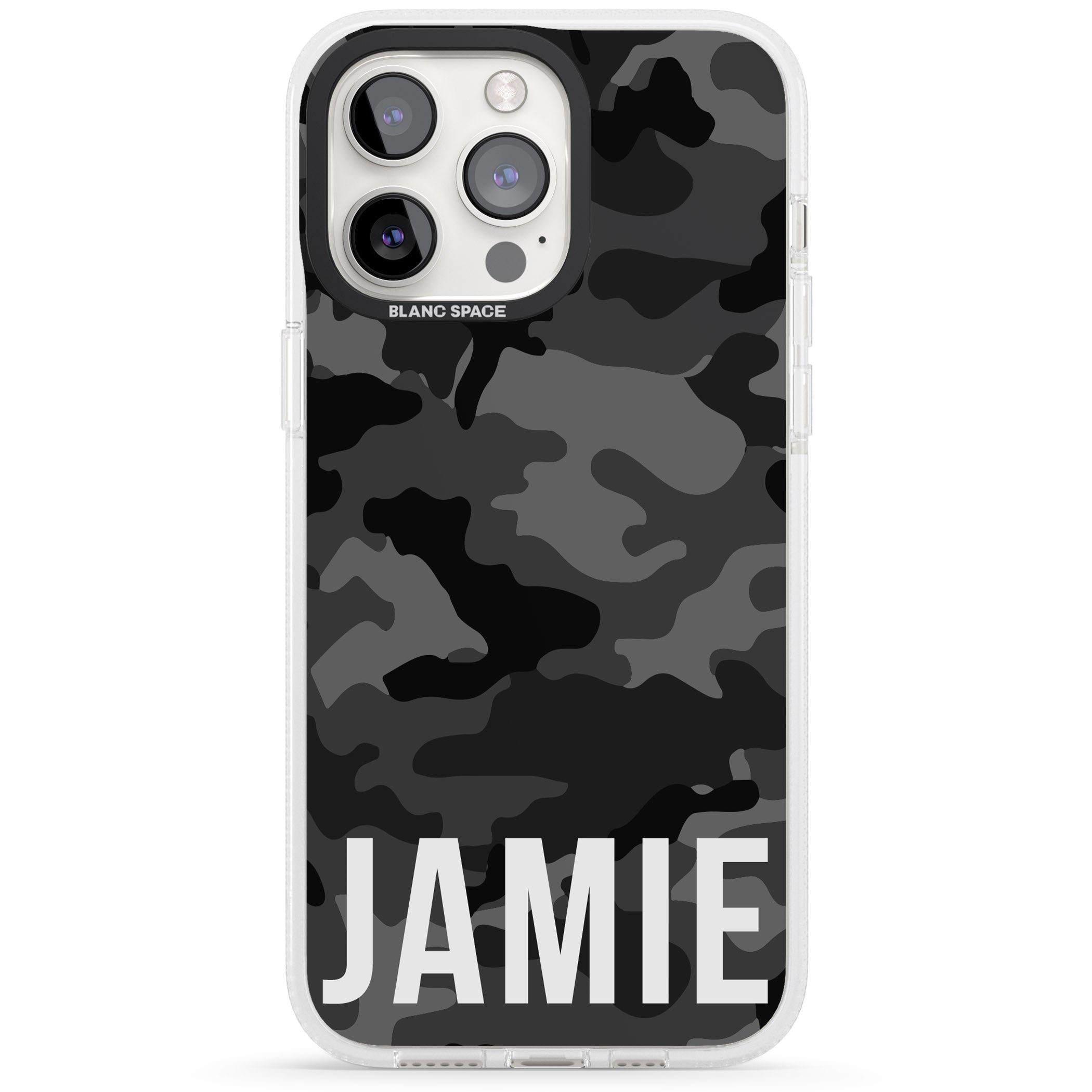 Personalised Horizontal Name Black Camouflage iPhone 15 Pro Max / 15 Pro / 14 Pro Max / 14 Pro / 13 Pro Clear Case Impact Air - Blanc Space
