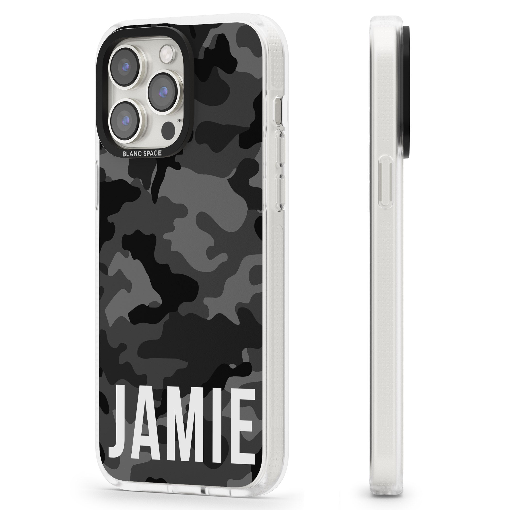 Personalised Horizontal Name Black Camouflage iPhone 15 Pro Max / 15 Pro / 14 Pro Max / 14 Pro / 13 Pro Clear Case Impact Air - Blanc Space
