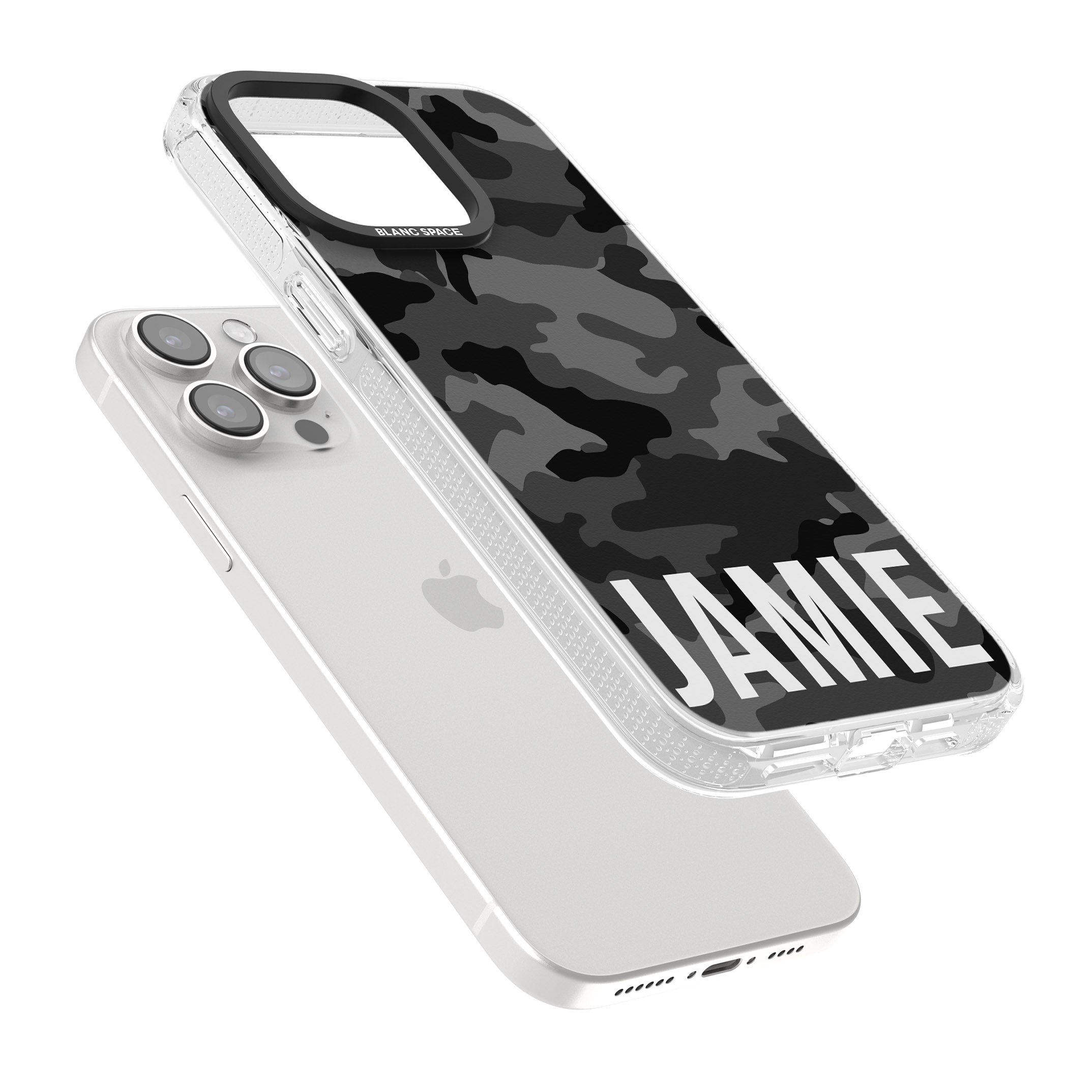 Personalised Horizontal Name Black Camouflage iPhone 15 Pro Max / 15 Pro / 14 Pro Max / 14 Pro / 13 Pro Clear Case Impact Air - Blanc Space