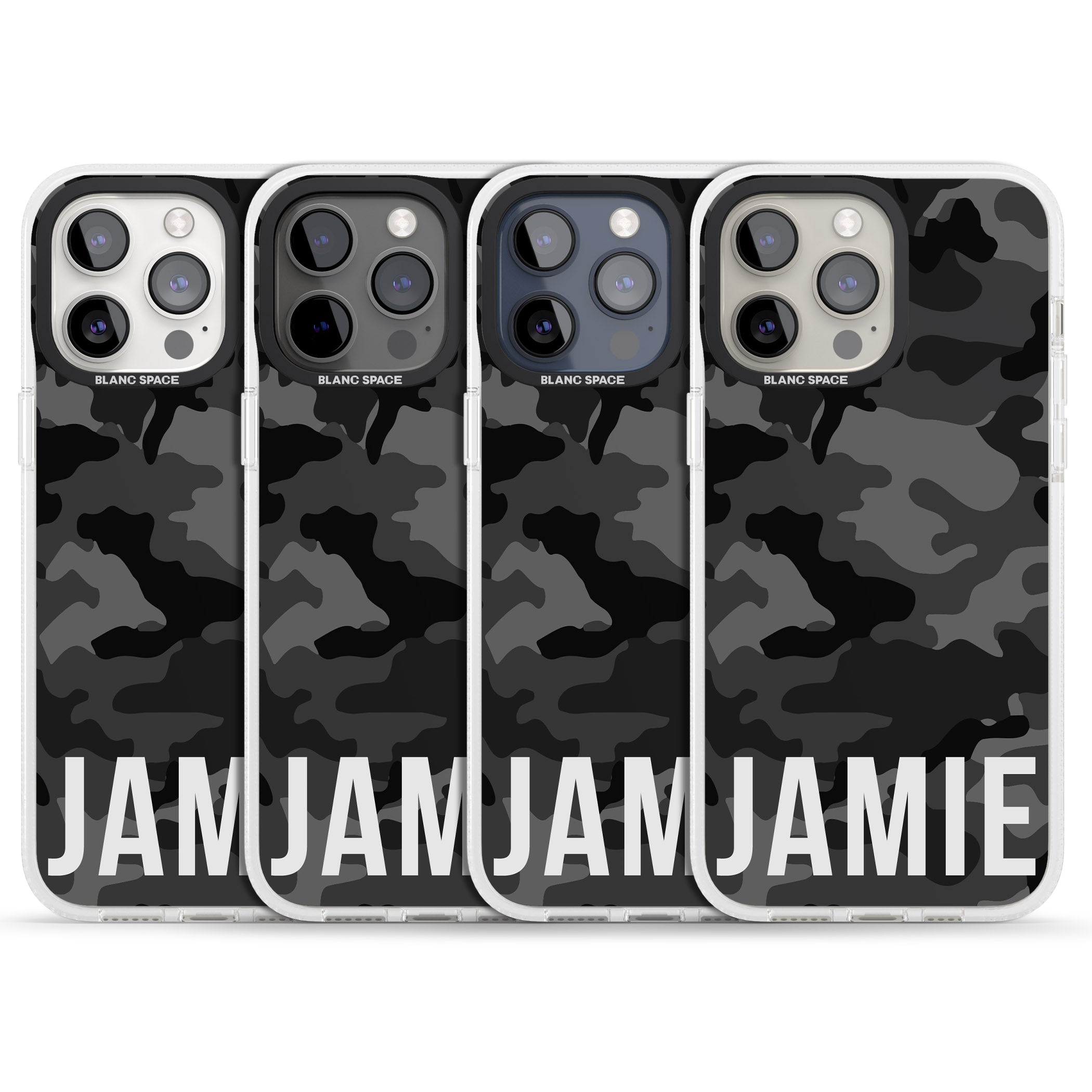 Personalised Horizontal Name Black Camouflage iPhone 15 Pro Max / 15 Pro / 14 Pro Max / 14 Pro / 13 Pro Clear Case Impact Air - Blanc Space