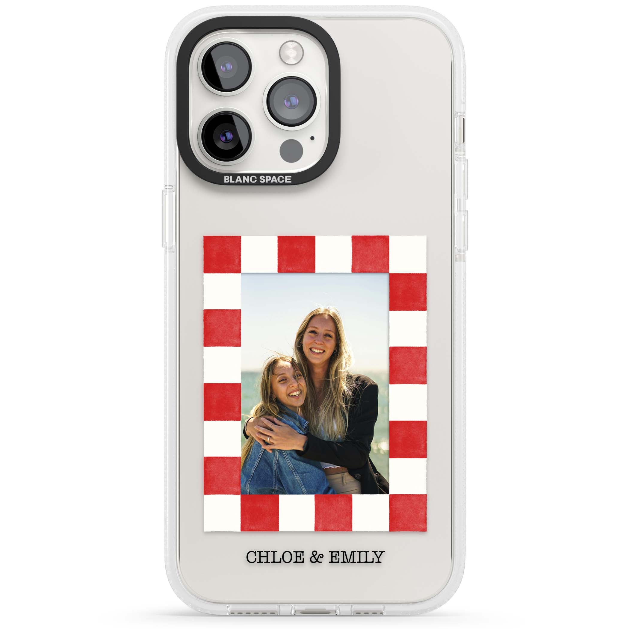 Red Check Photo personalised photo iPhone case with red and white checkered polaroid frame and custom couple name | Clear Case Impact Air case for iPhone 15 Pro, iPhone 15 Pro Max
