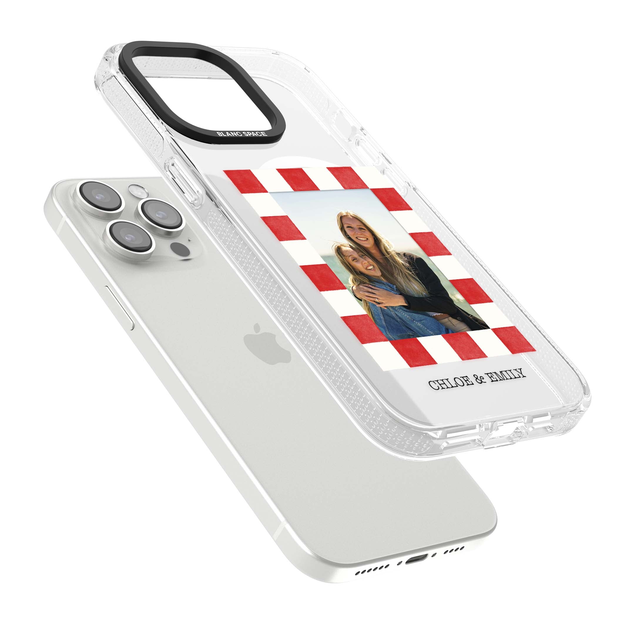 Red Check Photo personalised photo iPhone case with red and white checkered polaroid frame and custom couple name | Clear Case Impact Air case for iPhone 15 Pro, iPhone 15 Pro Max