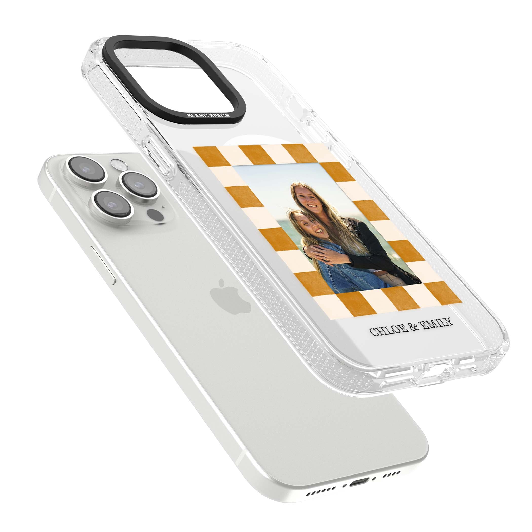 Citrus Check Photo personalised iPhone case with custom photo, orange checkered frame and names underneath | Clear Case Impact Air case for iPhone 15 Pro, iPhone 15 Pro Max
