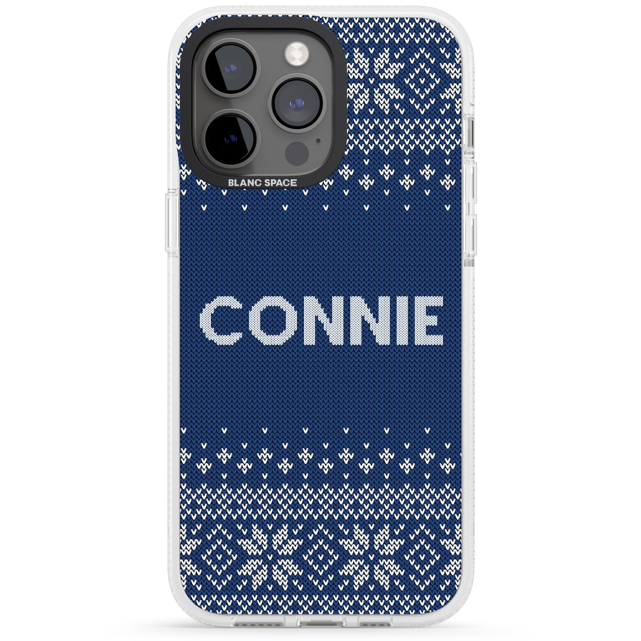 Personalised Blue Christmas Knitted Jumper iPhone 15 Pro Max / 15 Pro / 14 Pro Max / 14 Pro / 13 Pro Clear Case Impact Air - Blanc Space