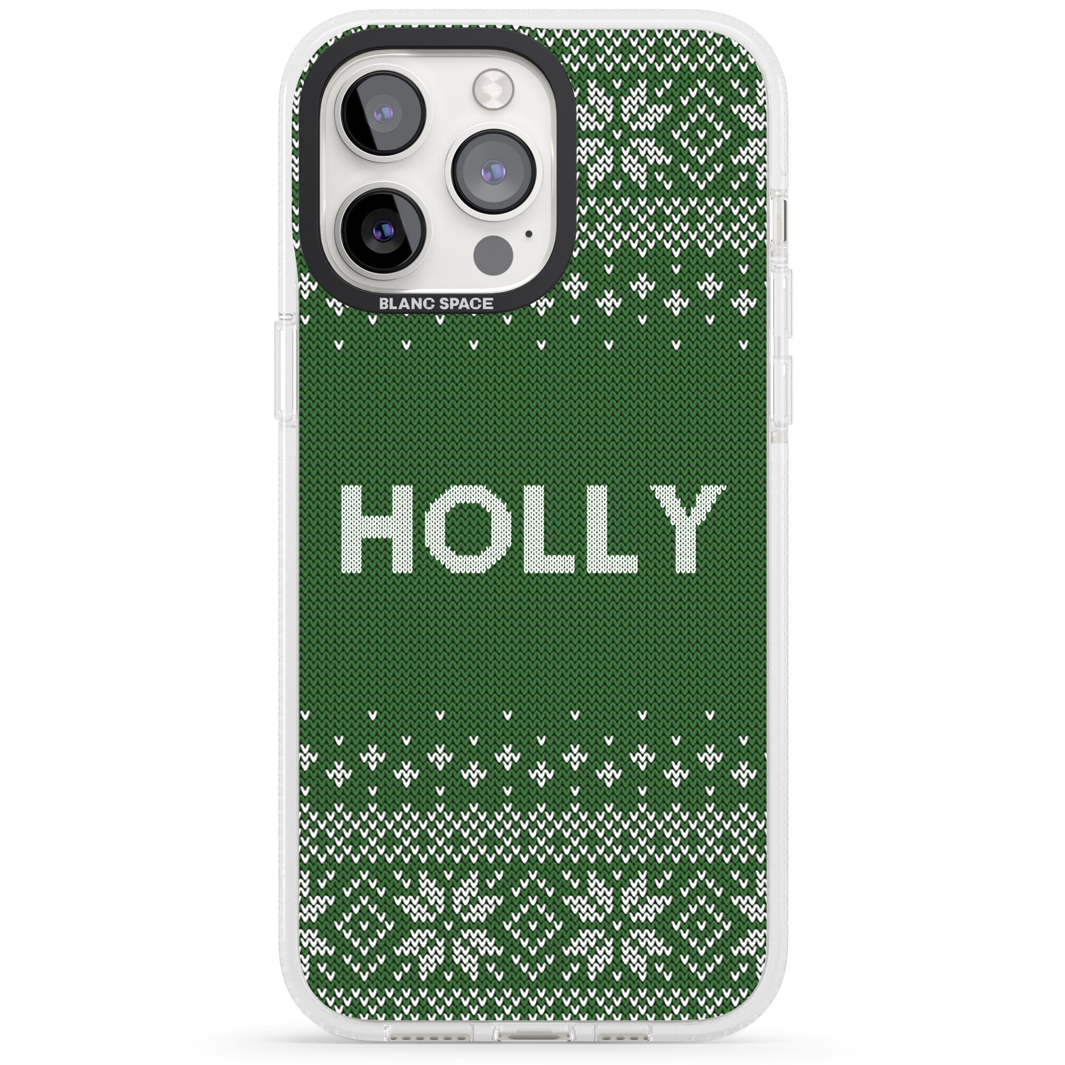 Personalised Green Christmas Knitted Jumper iPhone 15 Pro Max / 15 Pro / 14 Pro Max / 14 Pro / 13 Pro Clear Case Impact Air - Blanc Space