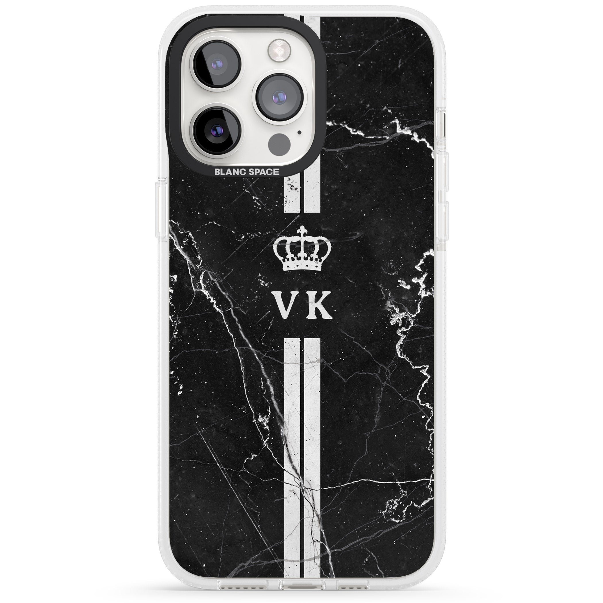 Personalised Stripes + Initials with Crown on Black Marble iPhone 15 Pro Max / 15 Pro / 14 Pro Max / 14 Pro / 13 Pro Clear Case Impact Air - Blanc Space