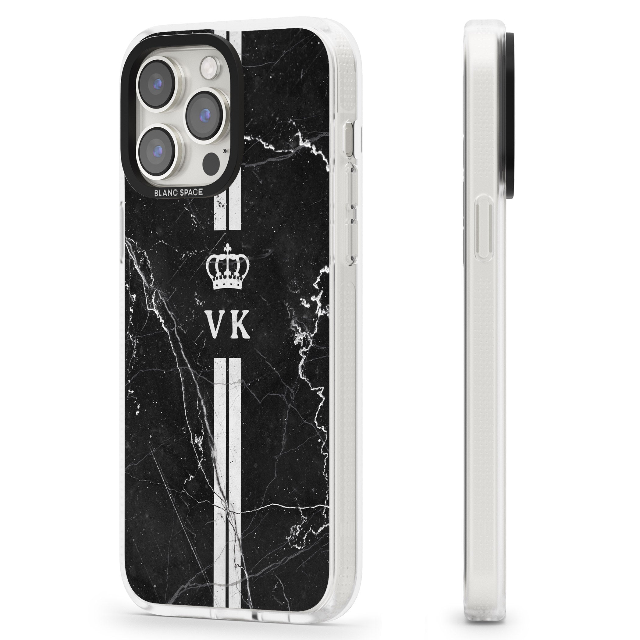 Personalised Stripes + Initials with Crown on Black Marble iPhone 15 Pro Max / 15 Pro / 14 Pro Max / 14 Pro / 13 Pro Clear Case Impact Air - Blanc Space