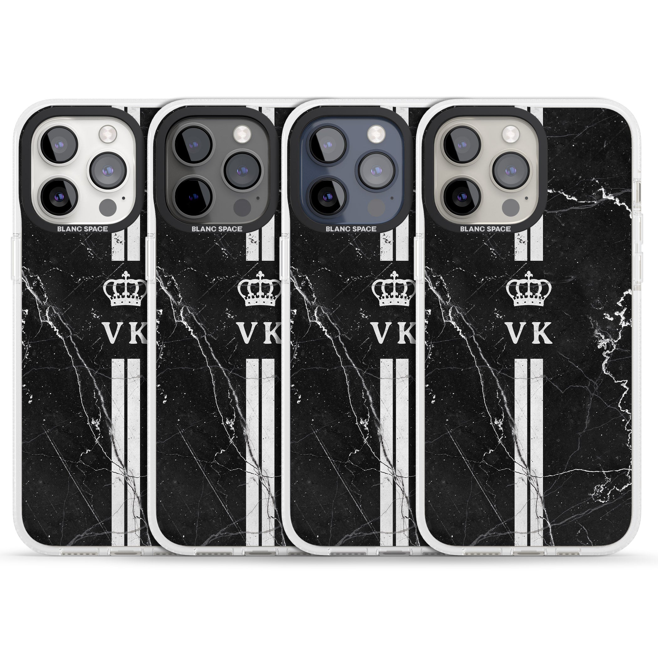 Personalised Stripes + Initials with Crown on Black Marble iPhone 15 Pro Max / 15 Pro / 14 Pro Max / 14 Pro / 13 Pro Clear Case Impact Air - Blanc Space
